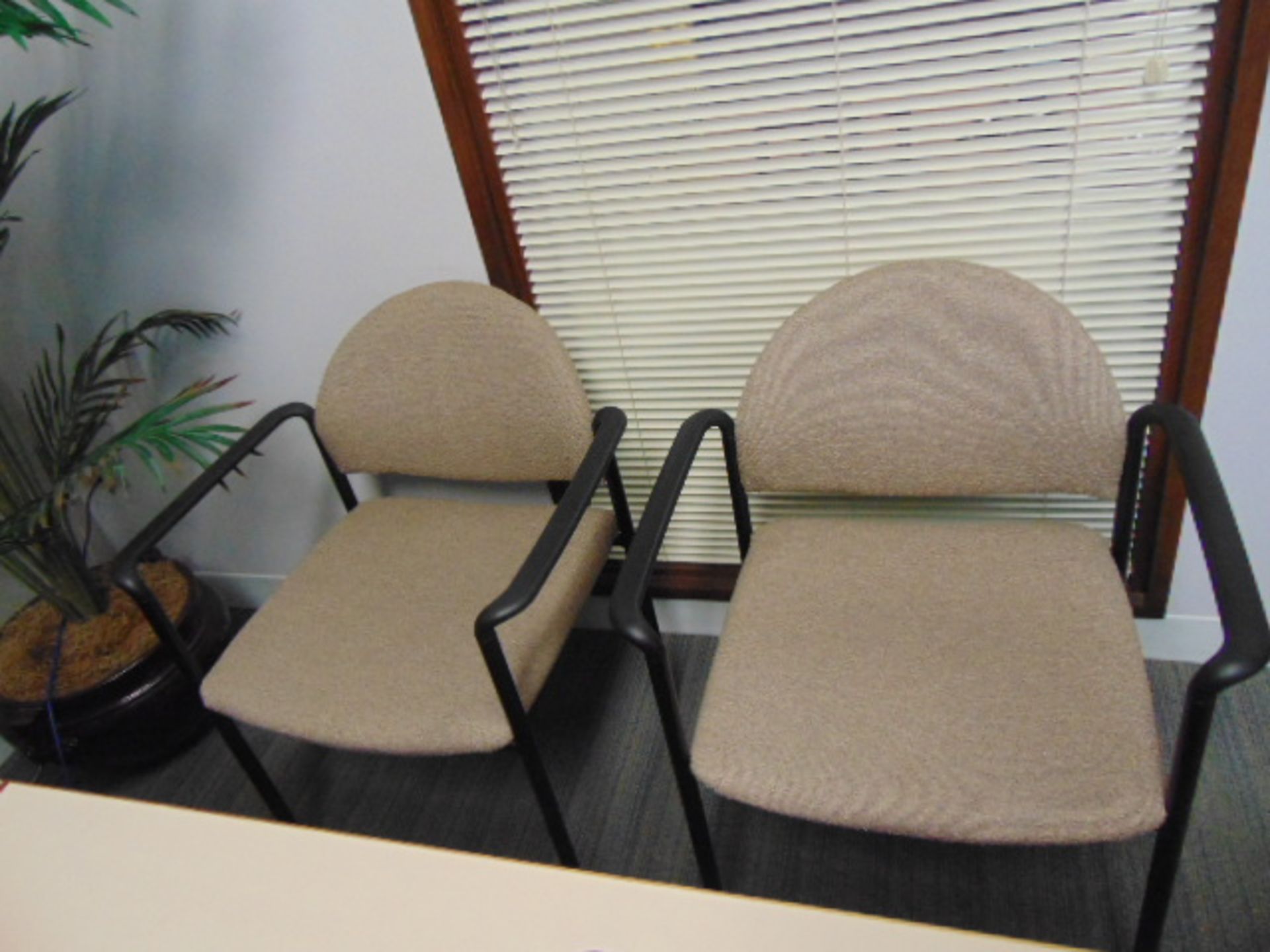 LOT CONSISTING OF: L-shaped desk, table, printer, ornamental plant, white board & (6) chairs - Image 3 of 6