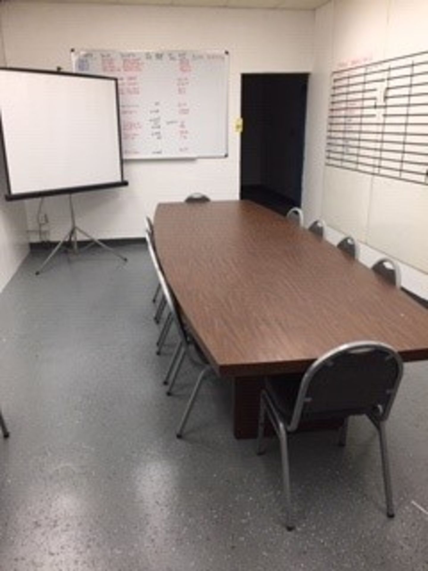 LOT CONTENTS OF ROOMS (2): conference table, (14) chairs, desk, table, (4) white boards, projections - Image 3 of 5