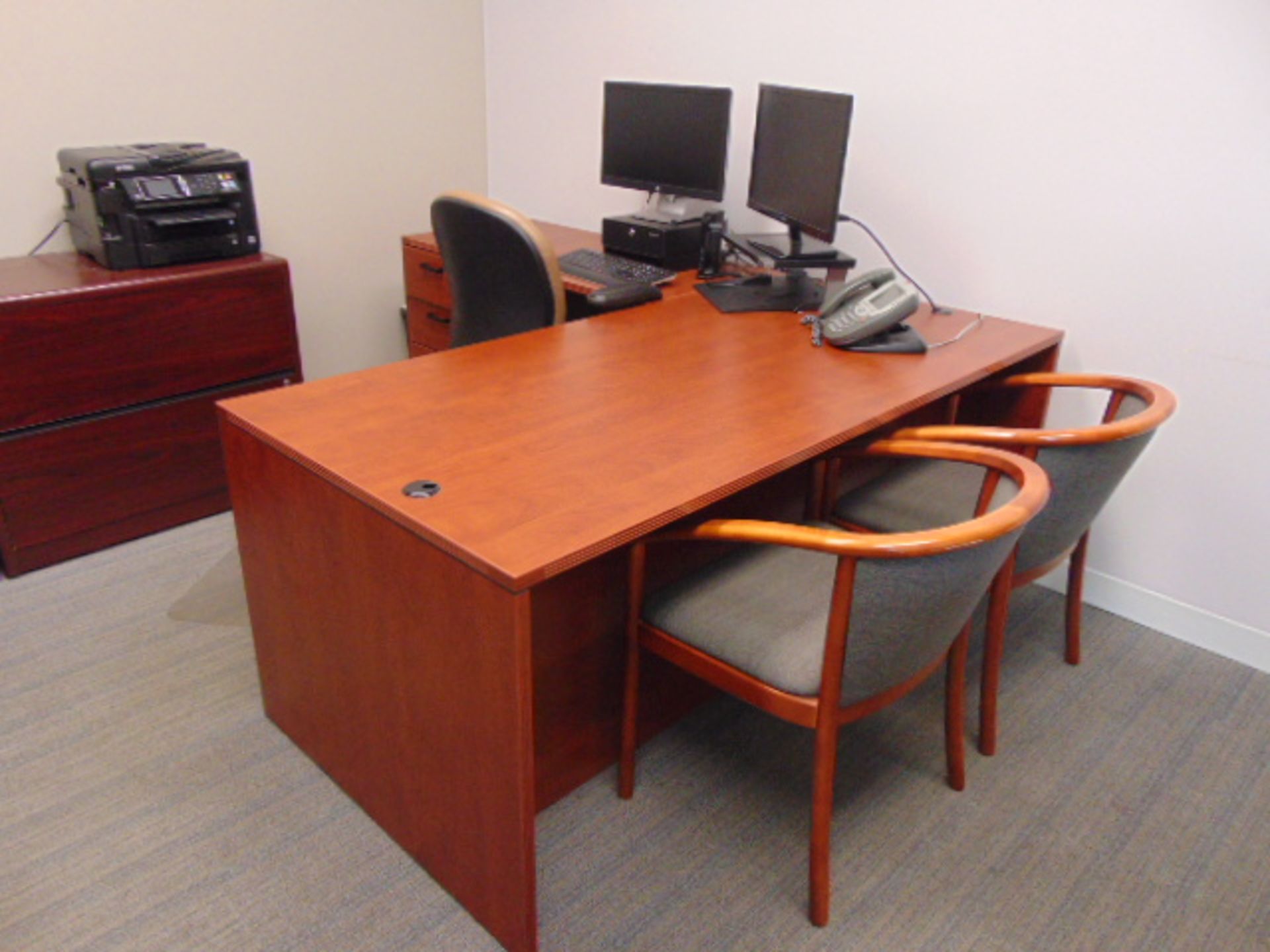 LOT CONSISTING OF: L-shaped desk, table, (5) assorted file cabinets, printer & (7) chairs