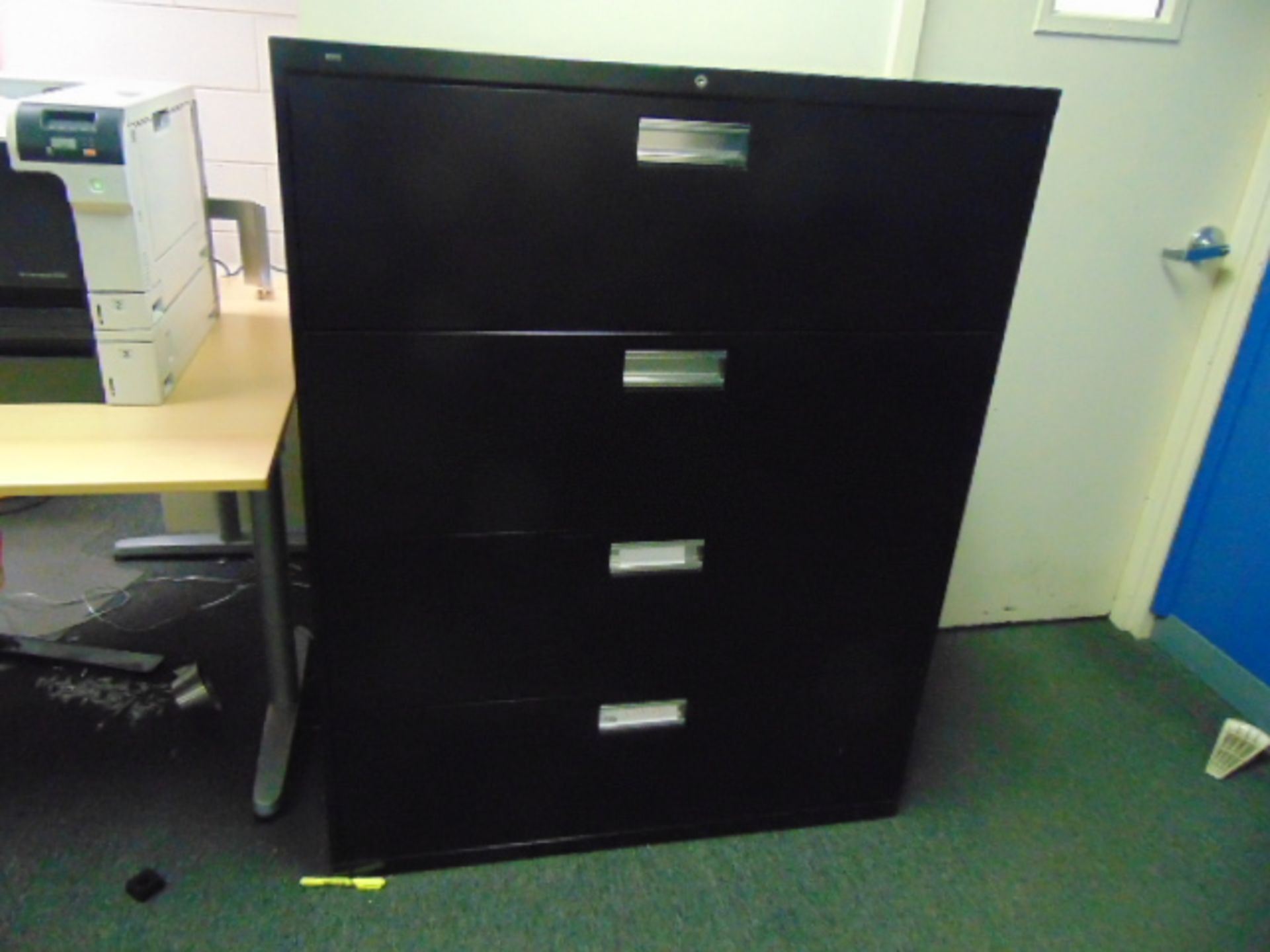 LOT CONSISTING OF: (5) L-shaped desks, (6) tables, (8) assorted file cabinets, (2) assorted printers - Image 3 of 11