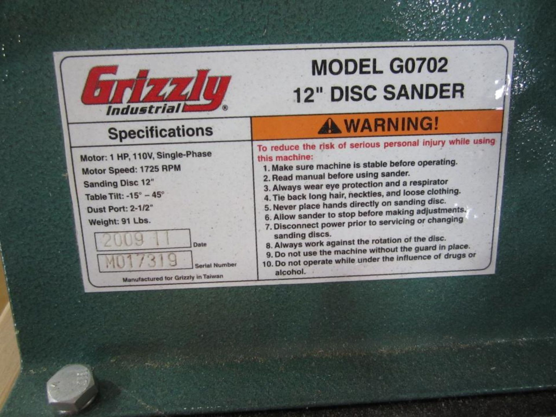 Grizzly 12" disc sander - Image 4 of 5