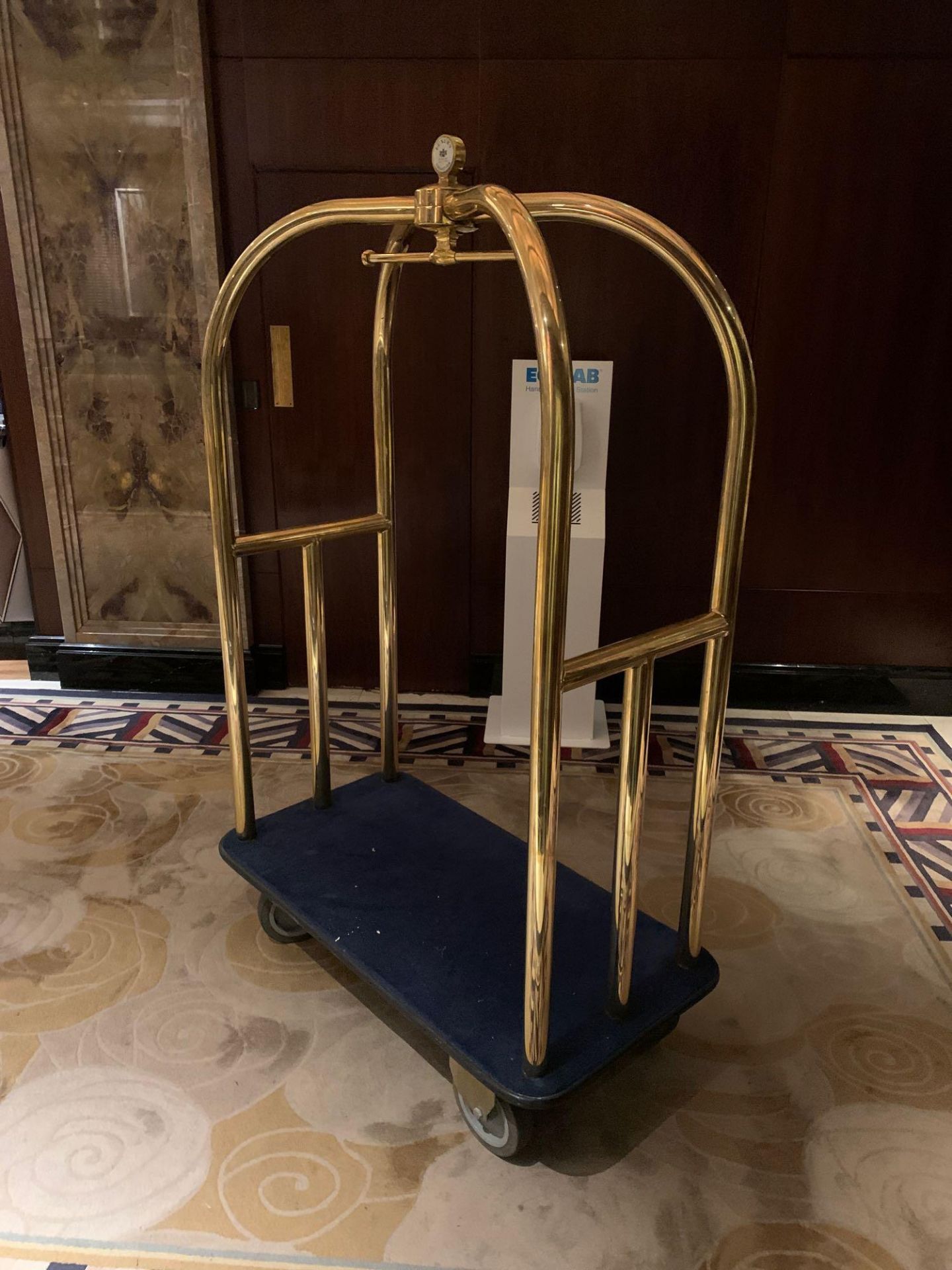 Brass Birdcage Trolley Concierge Cart With A Blue Velvet Pad 123x 63x 200cm ( Loc Lobby) - Image 3 of 4