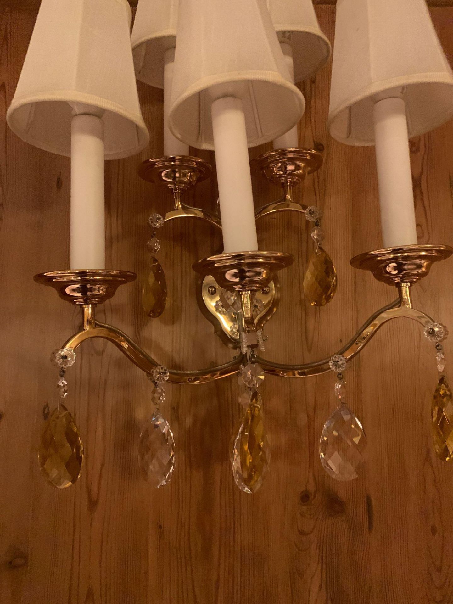 A Pair Of Five Arm Brass Wall Sconce With Linen Shades Droplets Amber And Clear Crystal Glass. 35x - Image 3 of 4