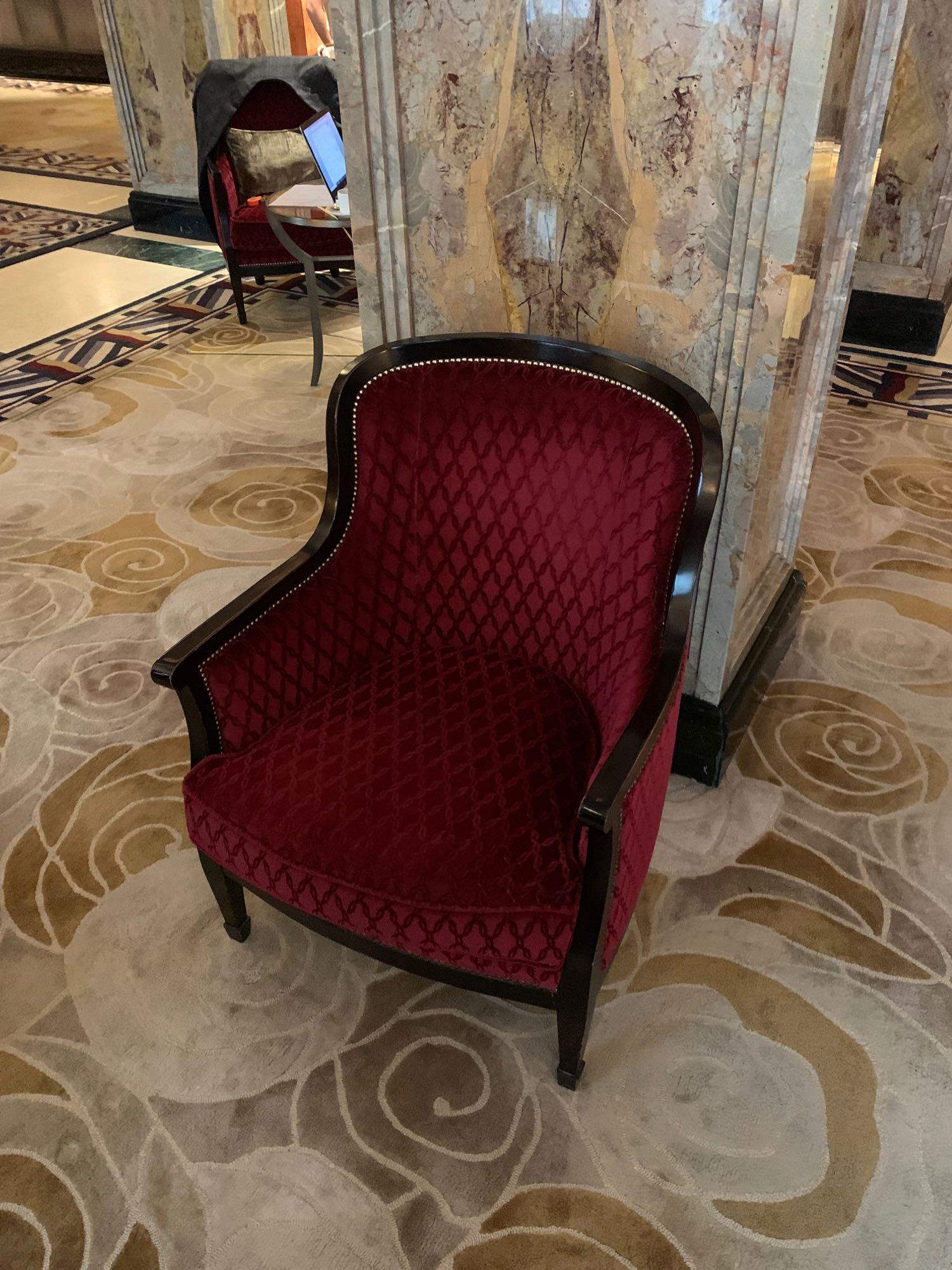 A Pair Of Red Upholstered Lounge Chair With Mahogany Arms And Studied Back 68x 60x 91cm ( Loc