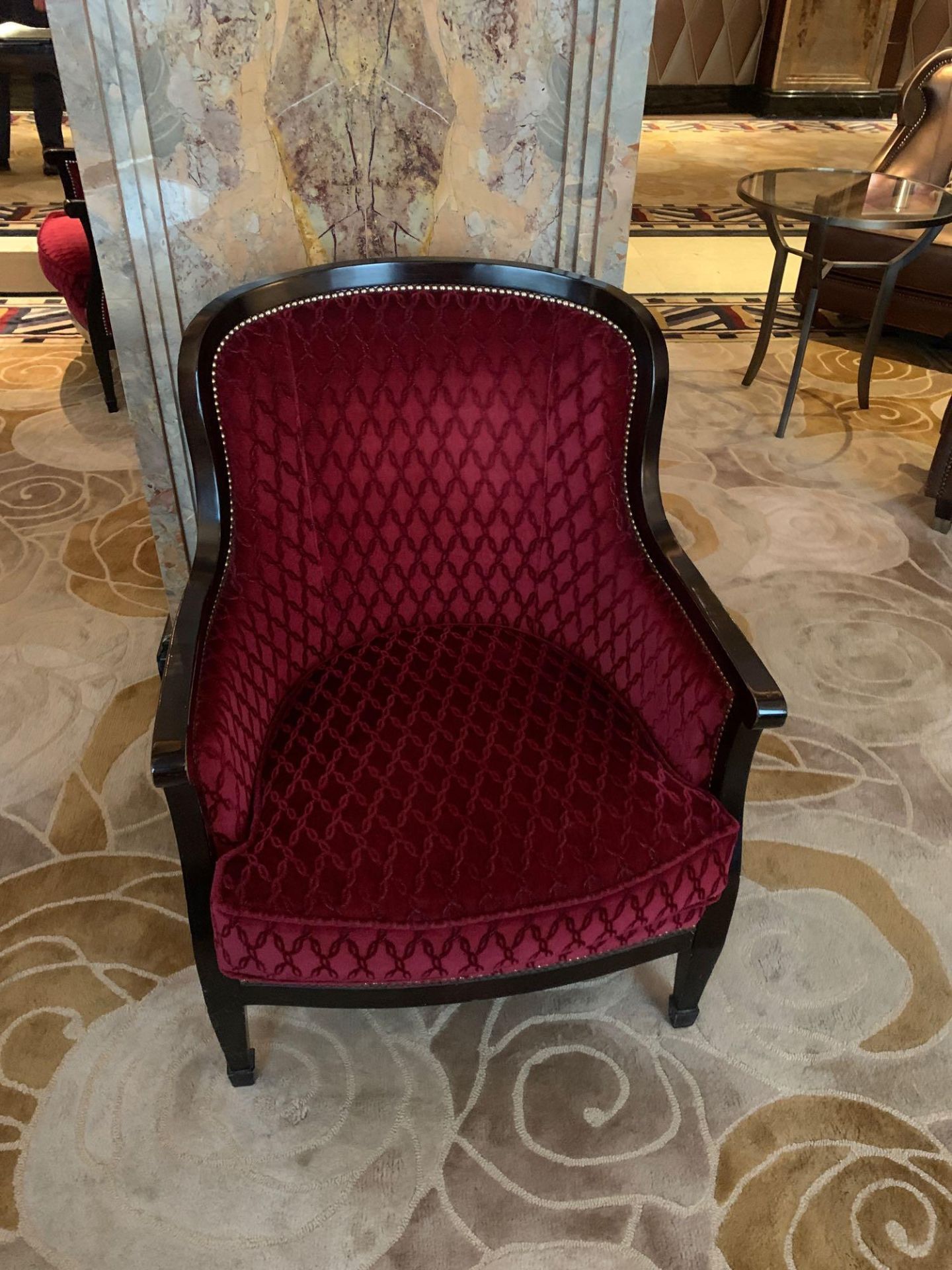 A Pair Of Red Upholstered Lounge Chair With Mahogany Arms And Studied Back 68x 60x 91cm ( Loc - Image 2 of 4