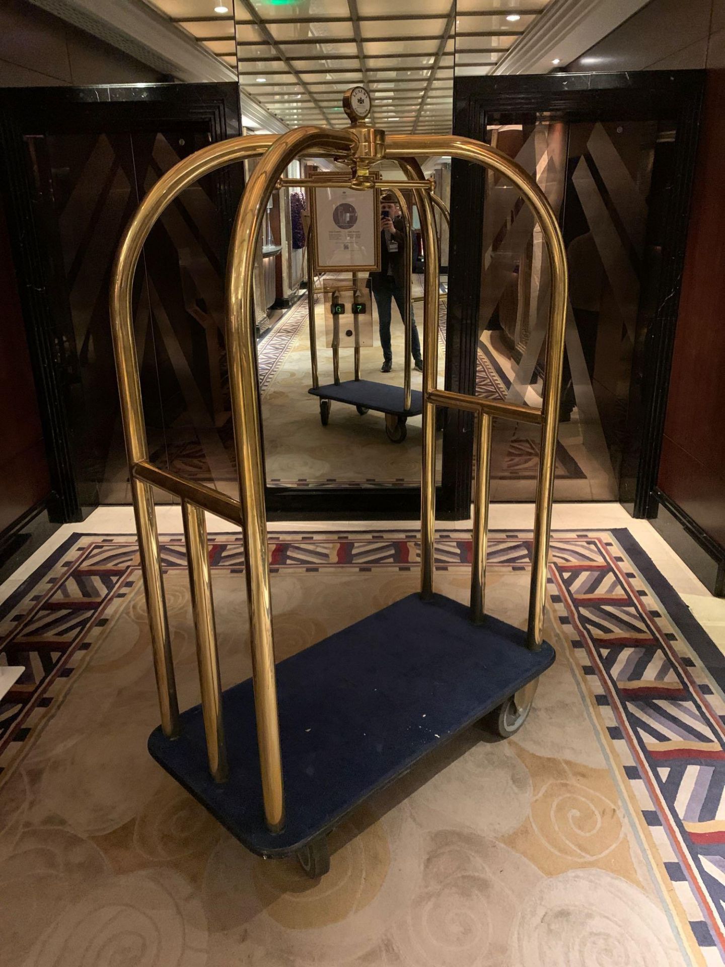 Brass Birdcage Trolley Concierge Cart With A Blue Velvet Pad 123x 63x 200cm ( Loc Lobby) - Image 4 of 4