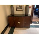 Porta Romana Four Door Sideboard Wood Starburst Inlay With A Black Granite Top Bowed Front 150x