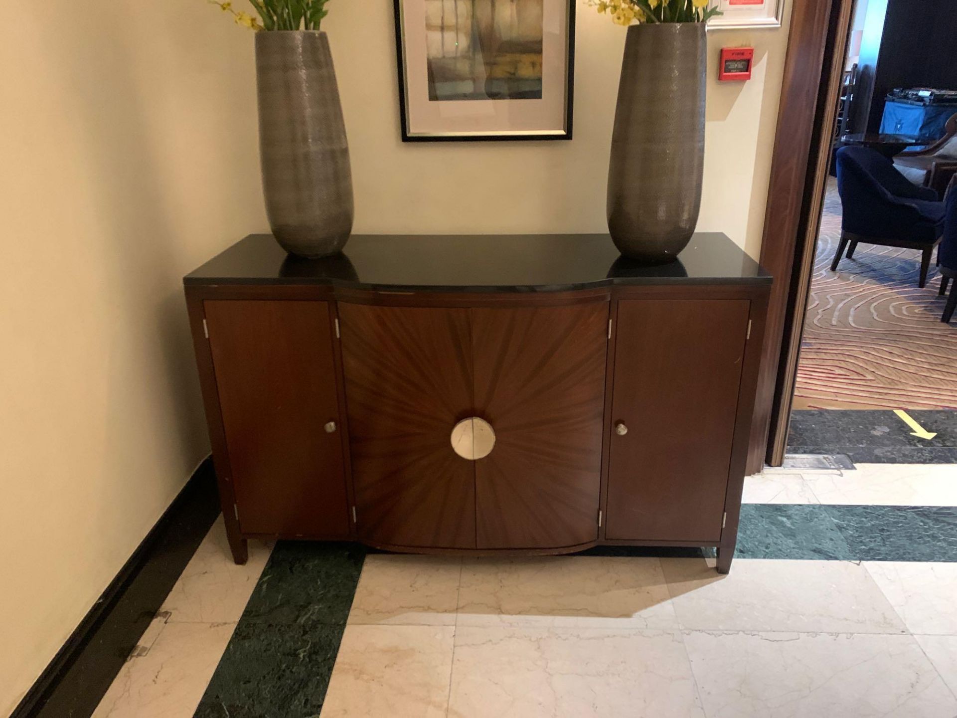 Porta Romana Four Door Sideboard Wood Starburst Inlay With A Black Granite Top Bowed Front 150x