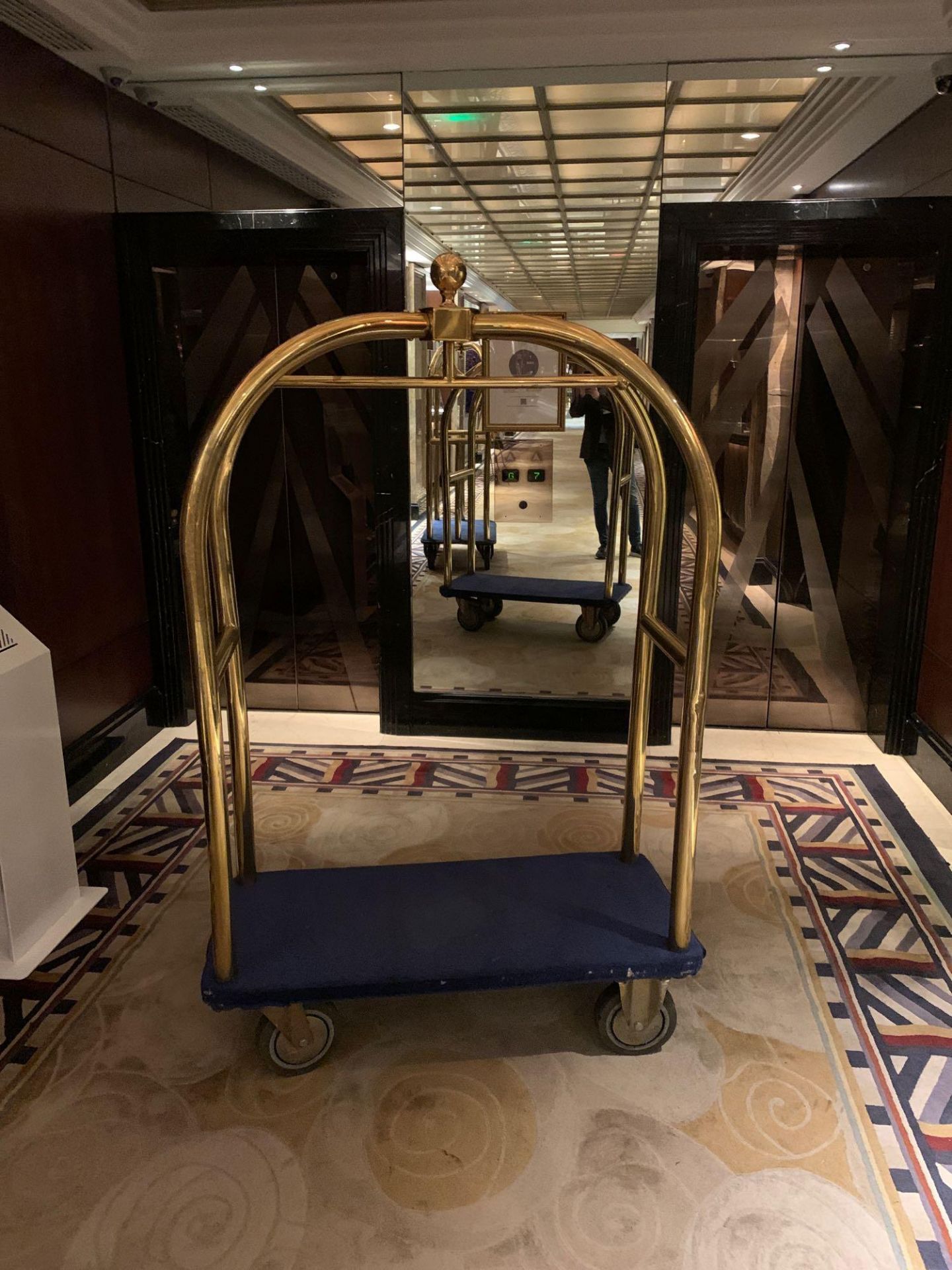 Brass Birdcage Trolley Concierge Cart With A Blue Velvet Pad 115x 55x 180cm ( Loc Lobby) - Image 2 of 4