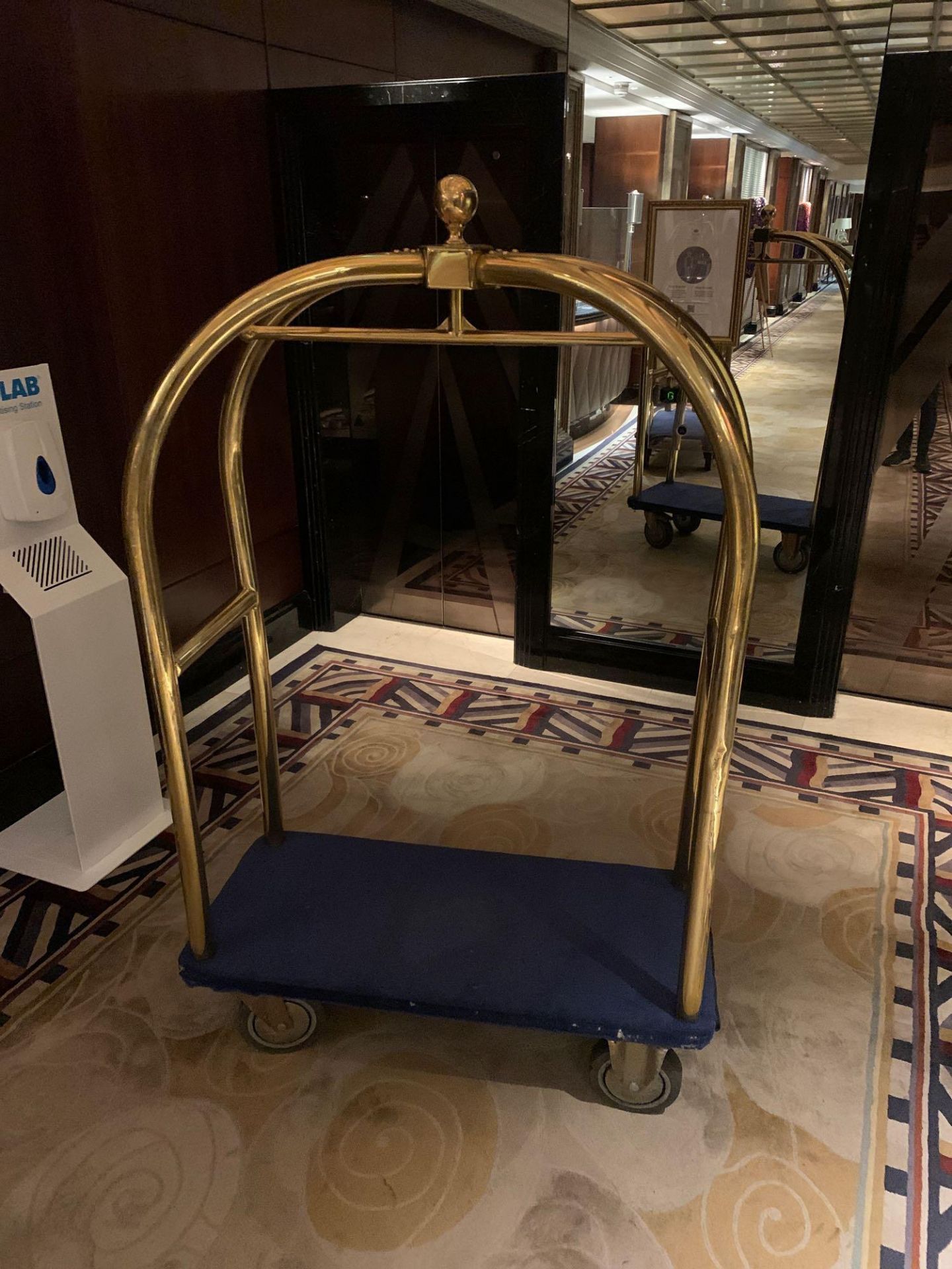 Brass Birdcage Trolley Concierge Cart With A Blue Velvet Pad 115x 55x 180cm ( Loc Lobby) - Image 3 of 4