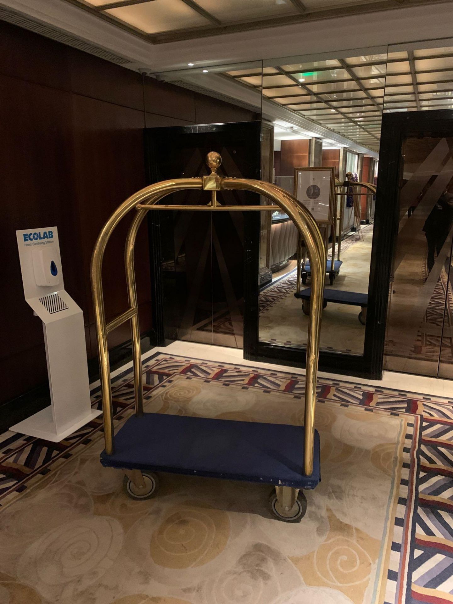 Brass Birdcage Trolley Concierge Cart With A Blue Velvet Pad 115x 55x 180cm ( Loc Lobby)