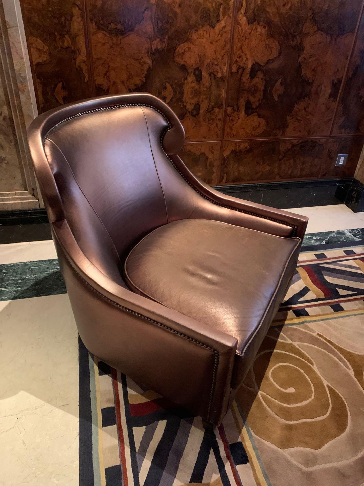 A Pair Of Edelman Lounge Chairs In A Bronze Leathered Upholstery With Studied Pattern. 82x 75x - Image 5 of 6