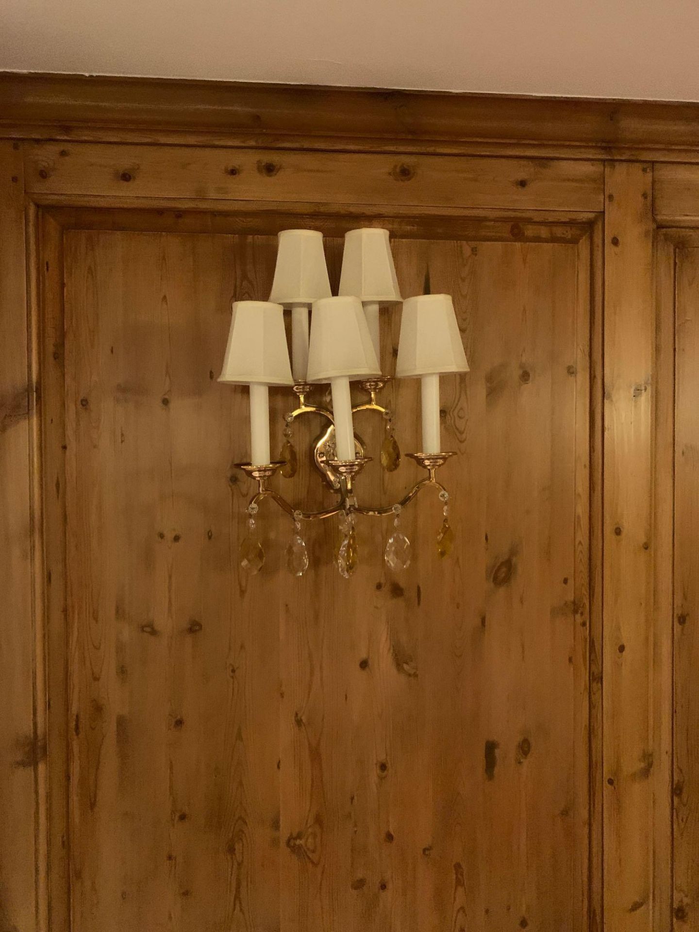 A Pair Of Five Arm Brass Wall Sconce With Linen Shades Droplets Amber And Clear Crystal Glass. 35x