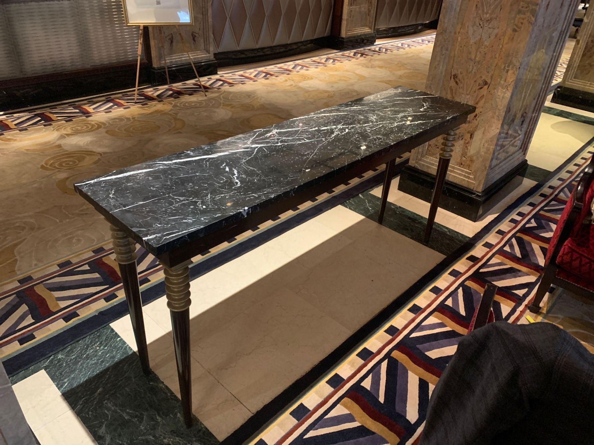 A Black Marble Top Console Table With Wooden Legs With Gold Accent Detail 180cm x 45cm x 86cm Tall ( - Image 5 of 5