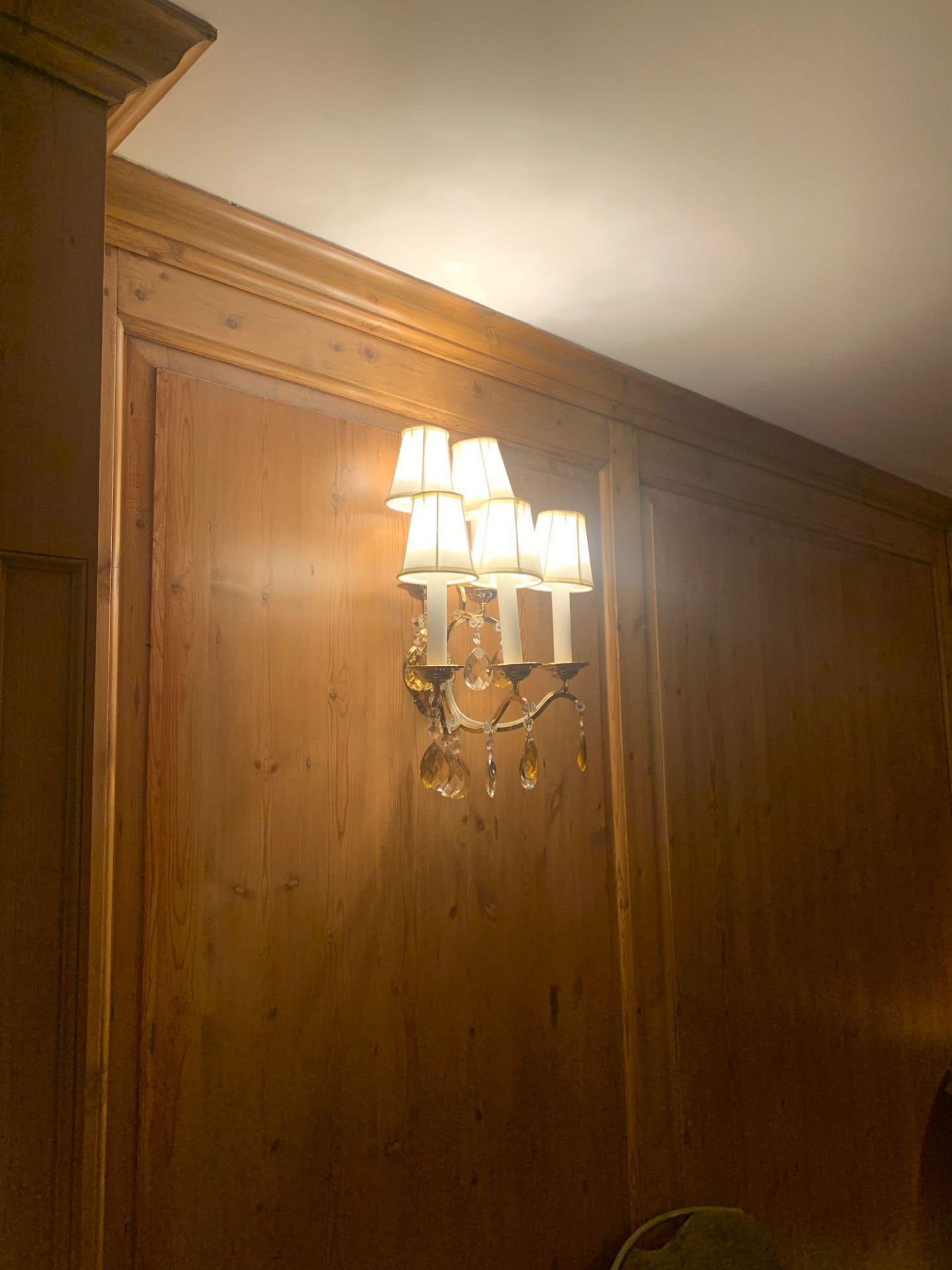 A Pair Of Five Arm Brass Wall Sconce With Linen Shades Droplets Amber And Clear Crystal Glass. 35x - Image 4 of 4