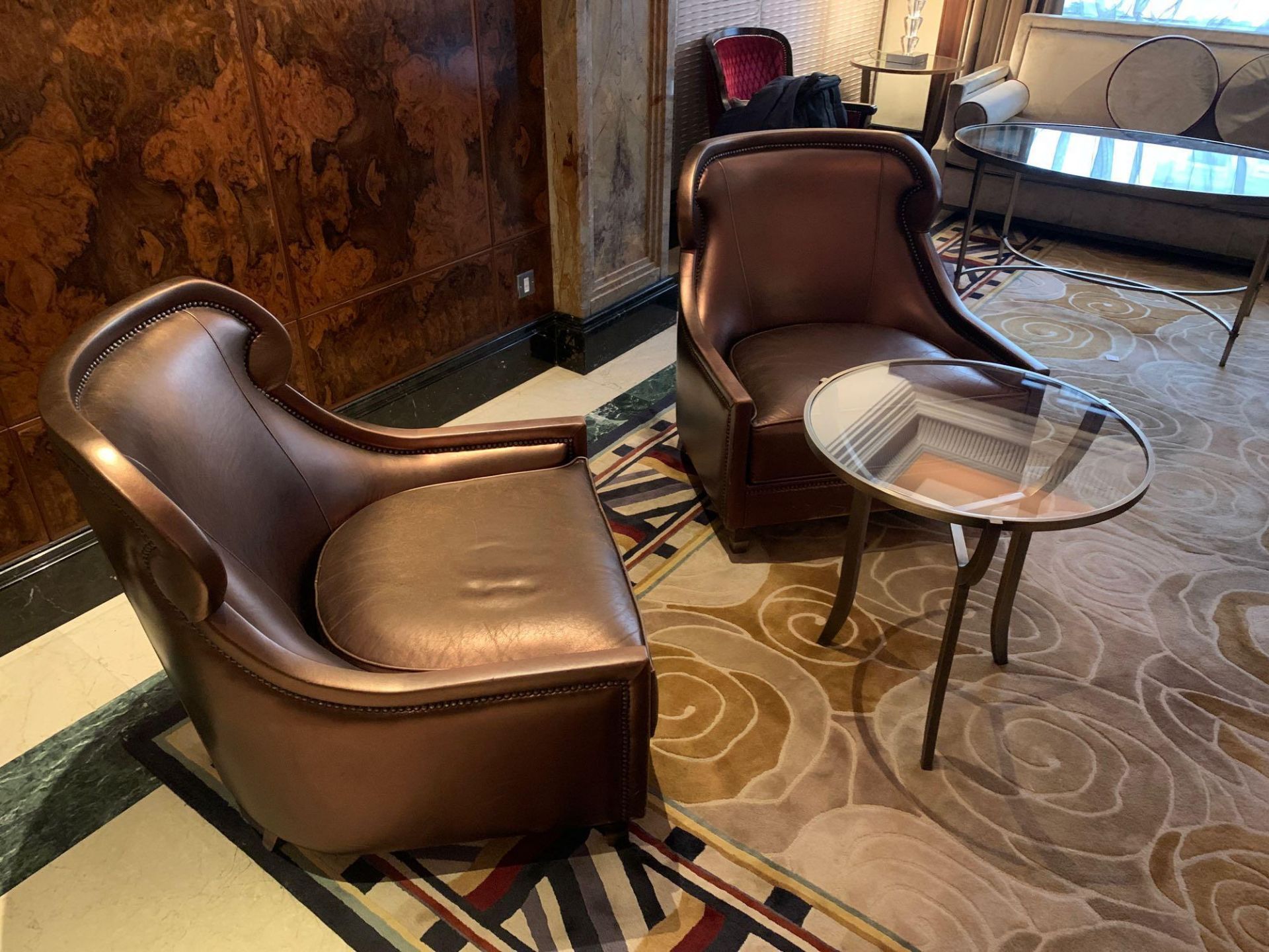 A Pair Of Edelman Lounge Chairs In A Bronze Leathered Upholstery With Studied Pattern. 82x 75x - Image 3 of 6