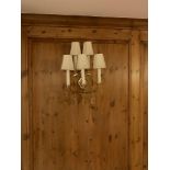 A Pair Of Five Arm Brass Wall Sconce With Linen Shades Droplets Amber And Clear Crystal Glass. 35x