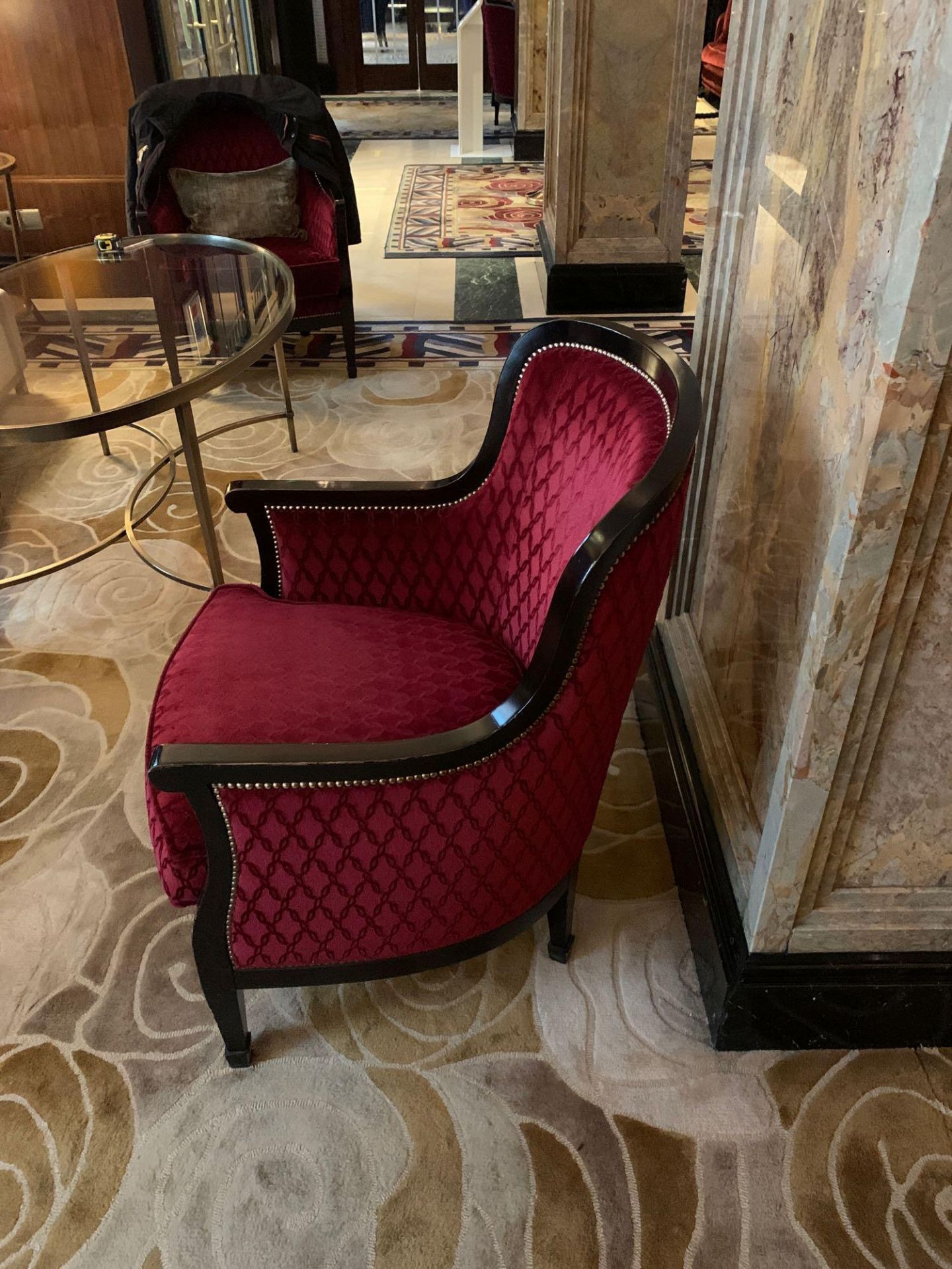 A Pair Of Red Upholstered Lounge Chair With Mahogany Arms And Studied Back 68x 60x 91cm ( Loc - Image 4 of 4