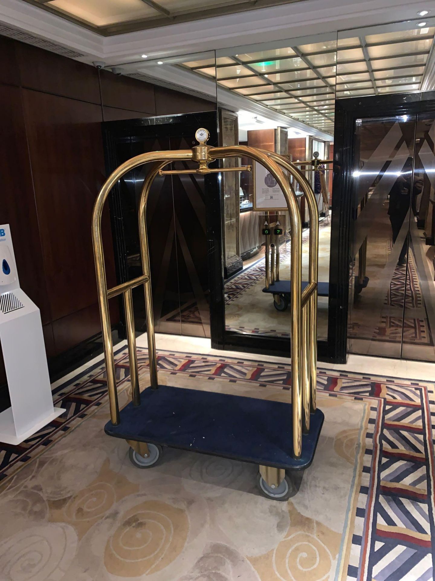 Brass Birdcage Trolley Concierge Cart With A Blue Velvet Pad 123x 63x 200cm ( Loc Lobby)