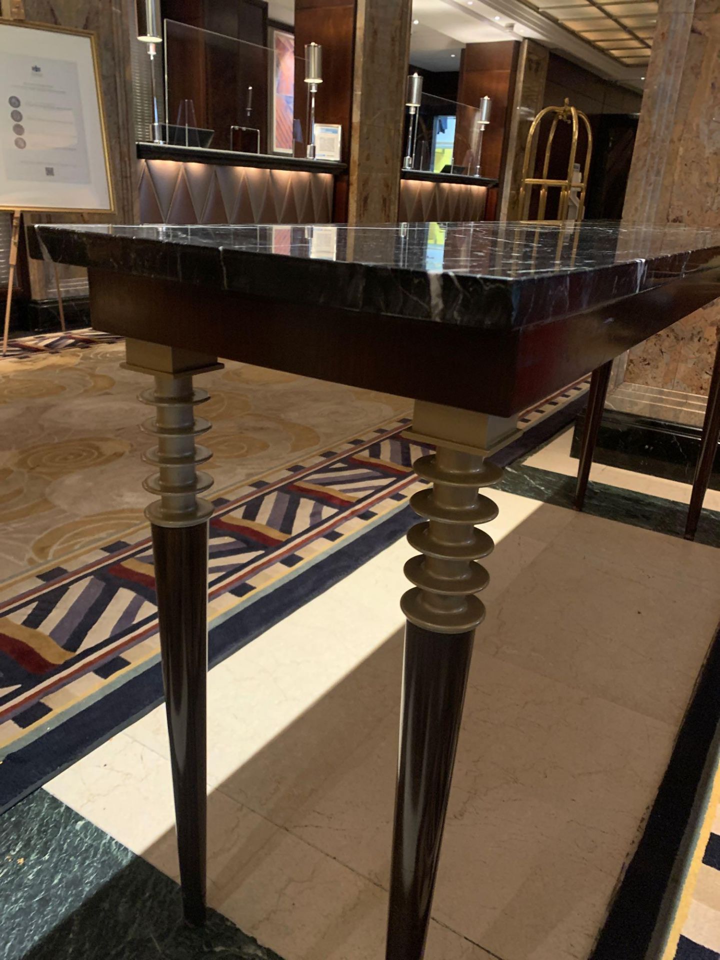 A Black Marble Top Console Table With Wooden Legs With Gold Accent Detail 180cm x 45cm x 86cm Tall ( - Image 3 of 5