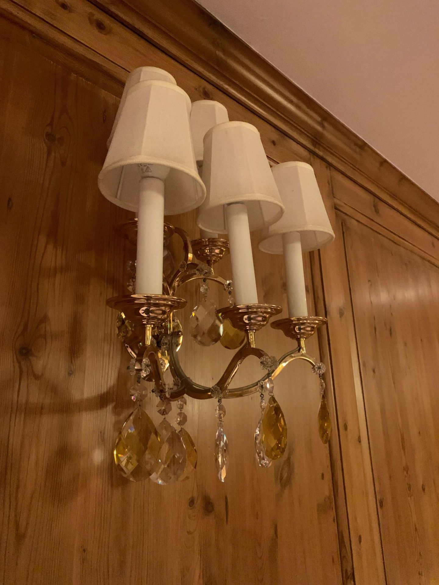 A Pair Of Five Arm Brass Wall Sconce With Linen Shades Droplets Amber And Clear Crystal Glass. 35x - Image 2 of 4