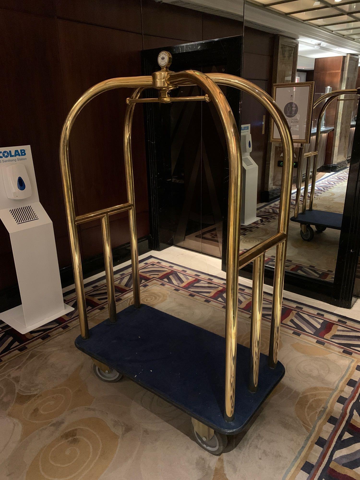 Brass Birdcage Trolley Concierge Cart With A Blue Velvet Pad 123x 63x 200cm ( Loc Lobby) - Image 2 of 4