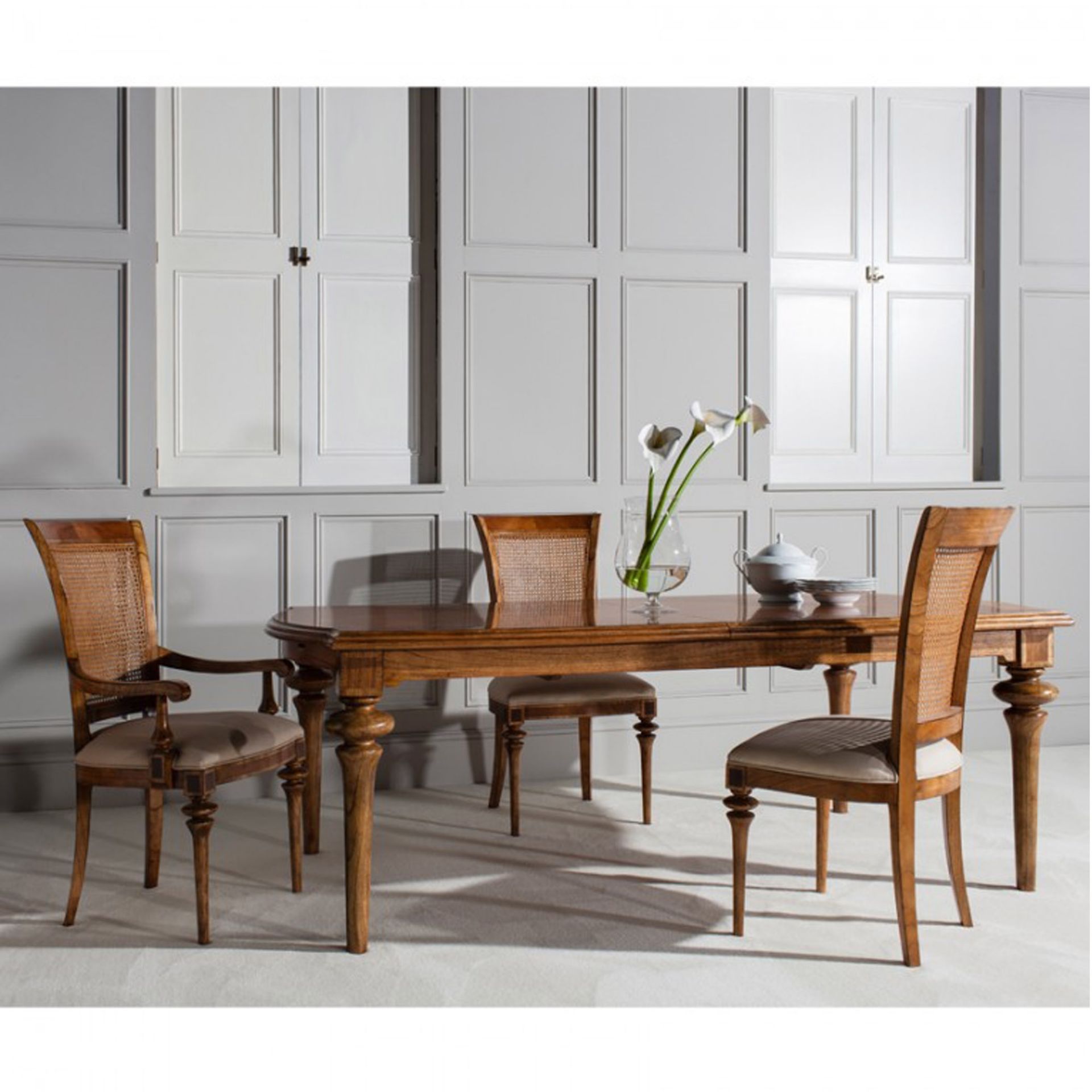 Spire Dining Large Extending Table Blonde European walnut with intricate inlays, antiqued hand wax