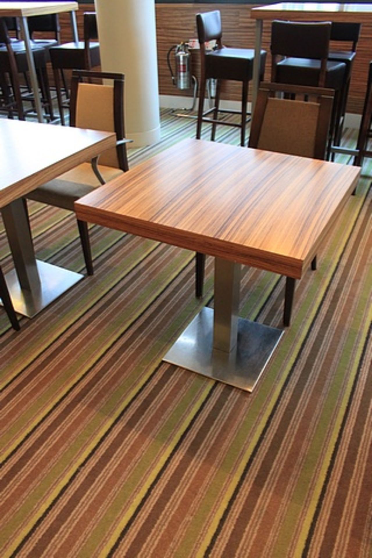 Kesterport Square Dining Table Zebrano Top With 60mm Deep Edge. Pedestal & Base Brushed Stainless - Image 3 of 5
