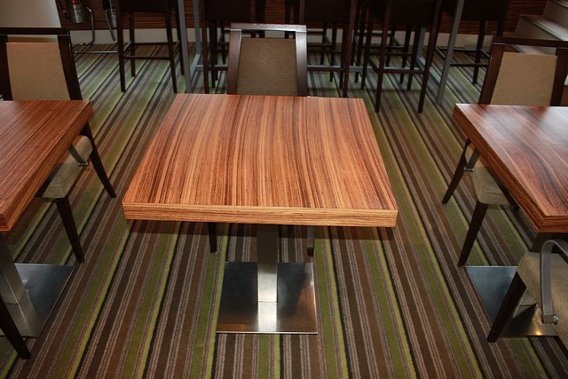 Kesterport Square Dining Table Zebrano Top With 60mm Deep Edge. Pedestal & Base Brushed Stainless - Image 5 of 5