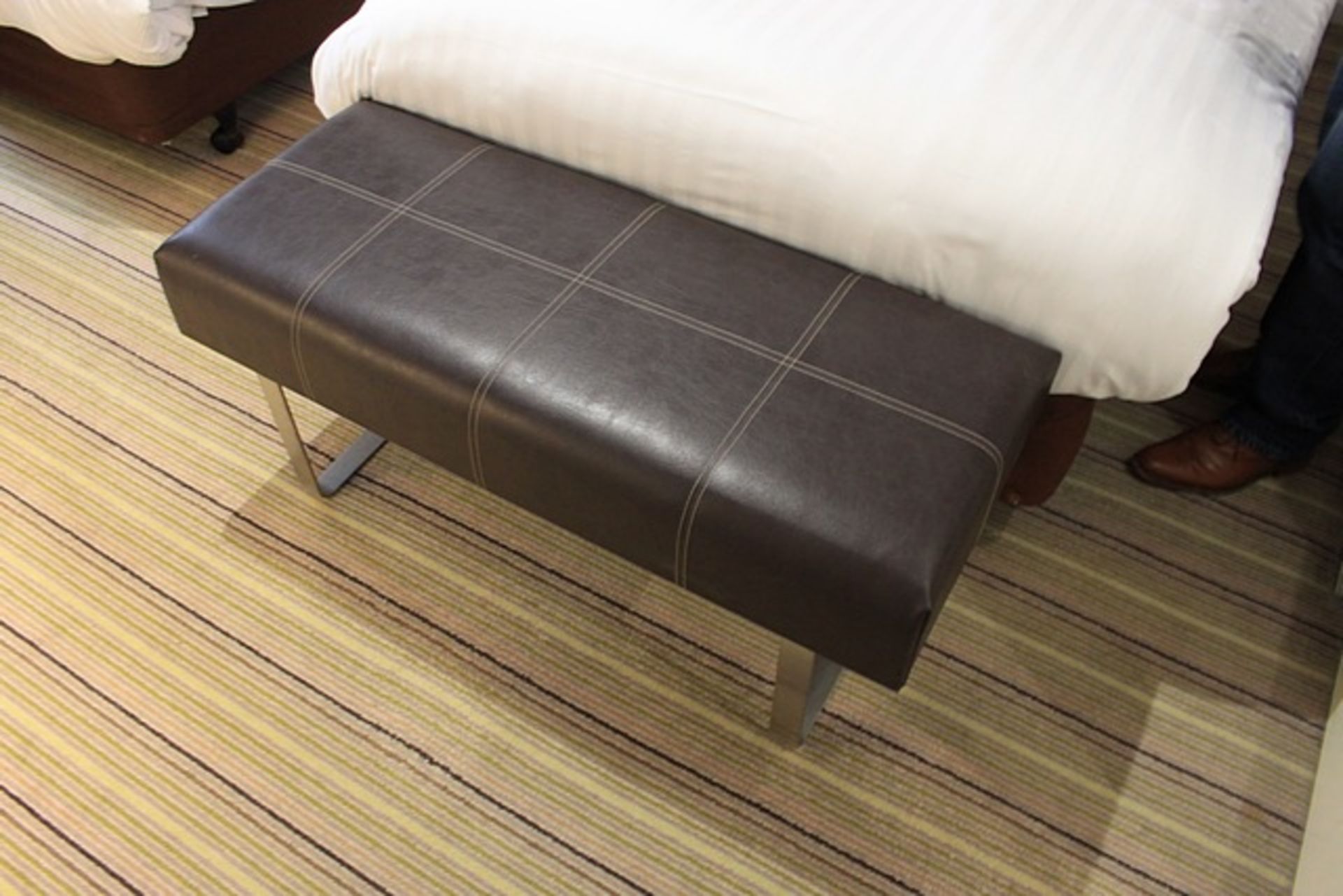 Curtis Contract Furniture stylish contemporary brown Leather stiched top bench with polished steel - Image 4 of 4