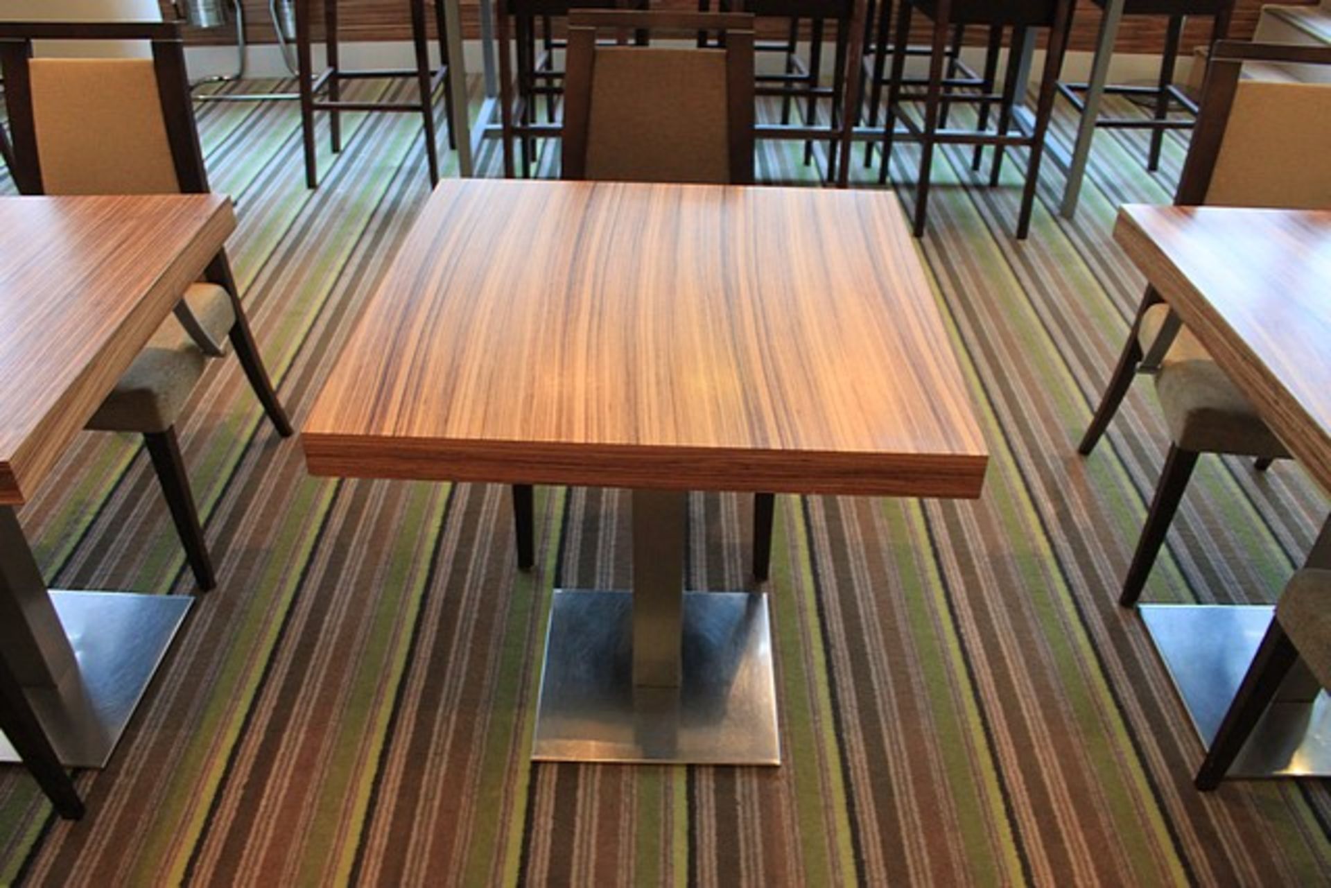Kesterport Square Dining Table Zebrano Top With 60mm Deep Edge. Pedestal & Base Brushed Stainless - Image 4 of 5