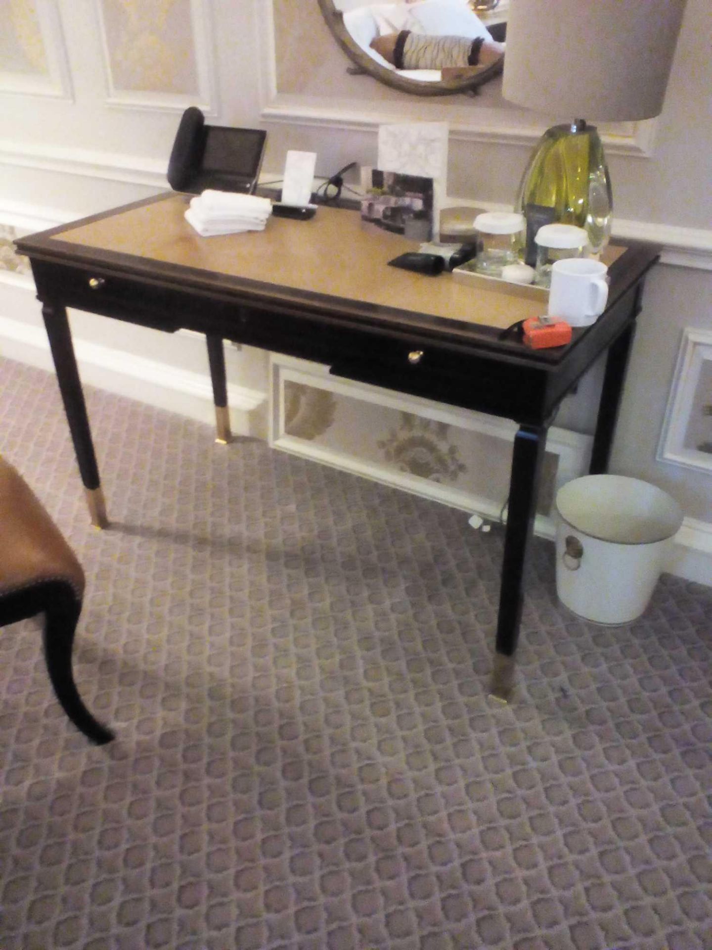 Writing Desk High Gloss Ebony Wood With Tooled Leather Inlay Faux Central Drawer Flanked By Single - Image 2 of 2