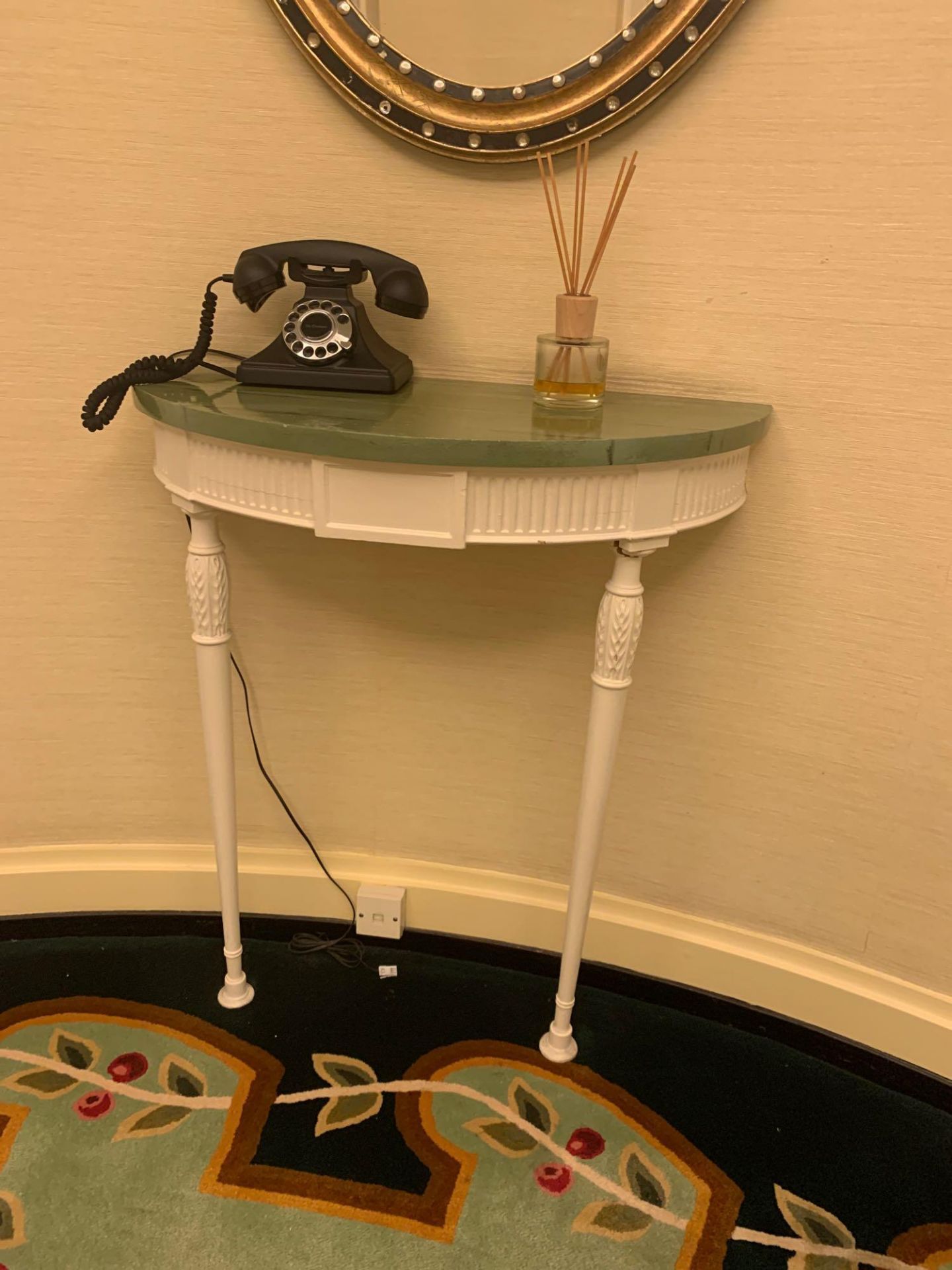 Demi Lune Console Table In Painted White With A Carved Detail Apron Below A Faux Marble Green Wood - Image 2 of 4