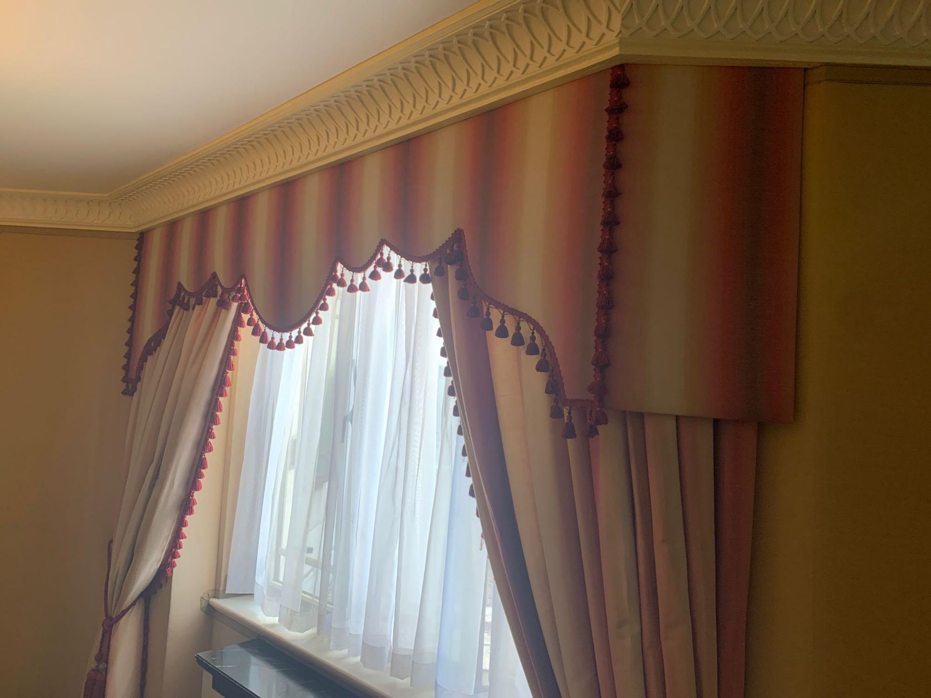 A Pair Of Silk Drapes In A Red And Cream With A Tassel Ribbed Edge Complete With Shaped Canopy - Image 2 of 3