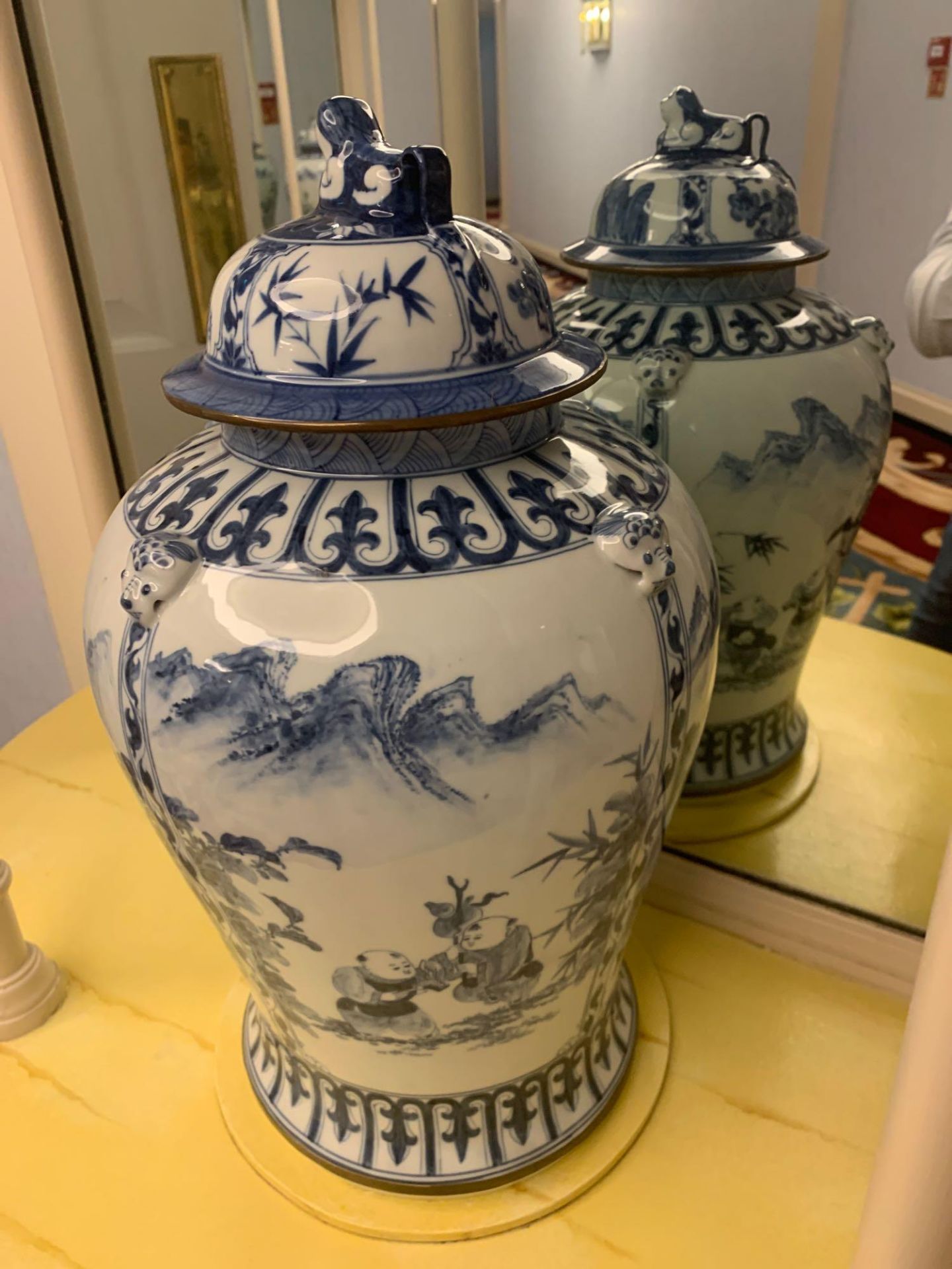 Tall Chinoiserie Temple Jar Blue And White Commissioned By Maitland Smith Hand Painted In Thailand - Image 2 of 3