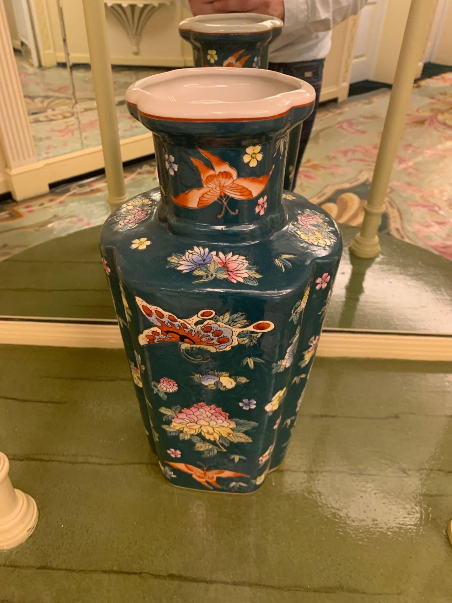 Tall Chinoiserie Porcelain Hand Painted Vase With Butterflies And Flora Commissioned By Maitland