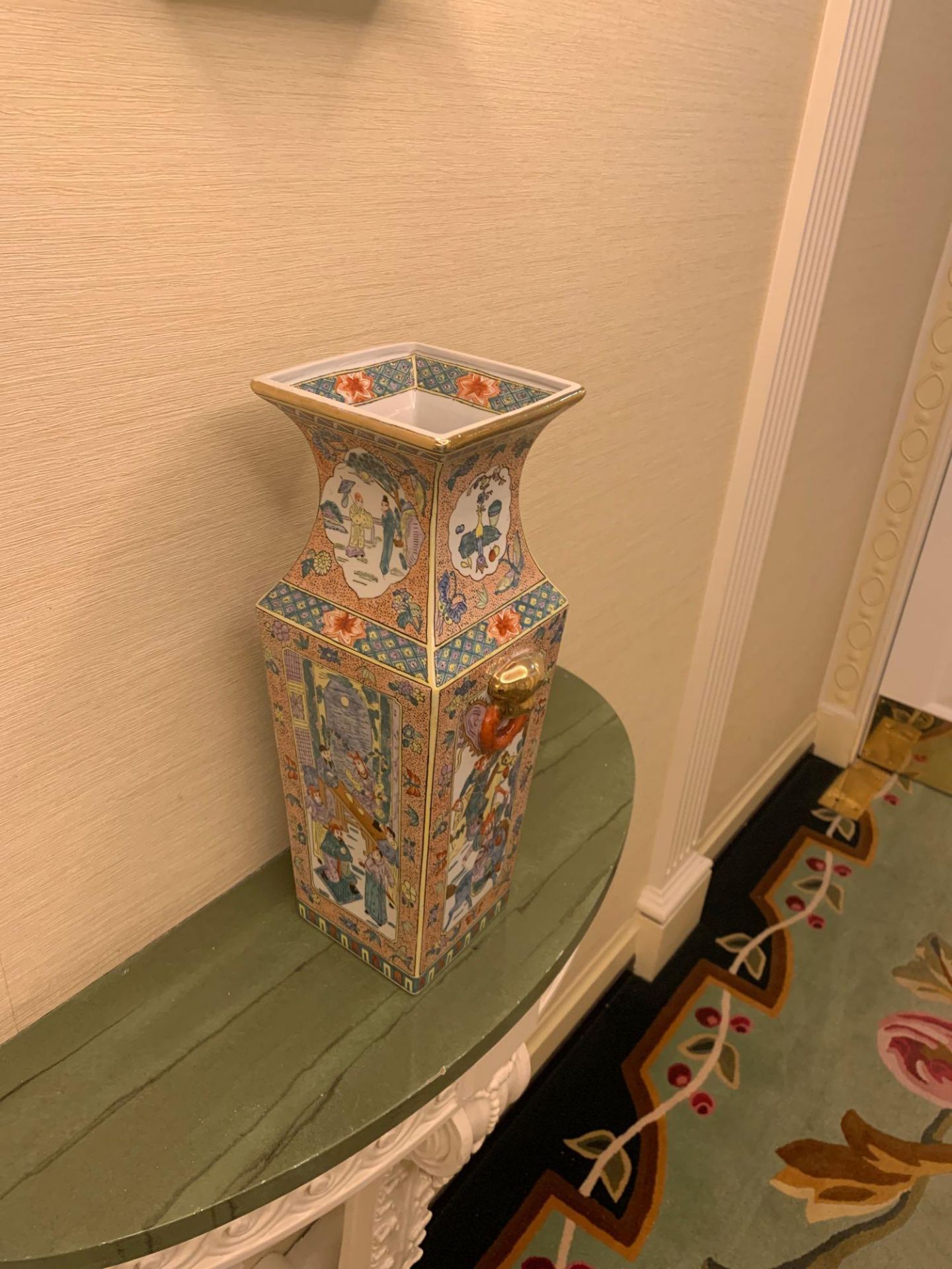 Tall Chinoiserie Porcelain Hand Painted Pink And Green Shaped Vase Commissioned By Maitland Smith - Image 3 of 4