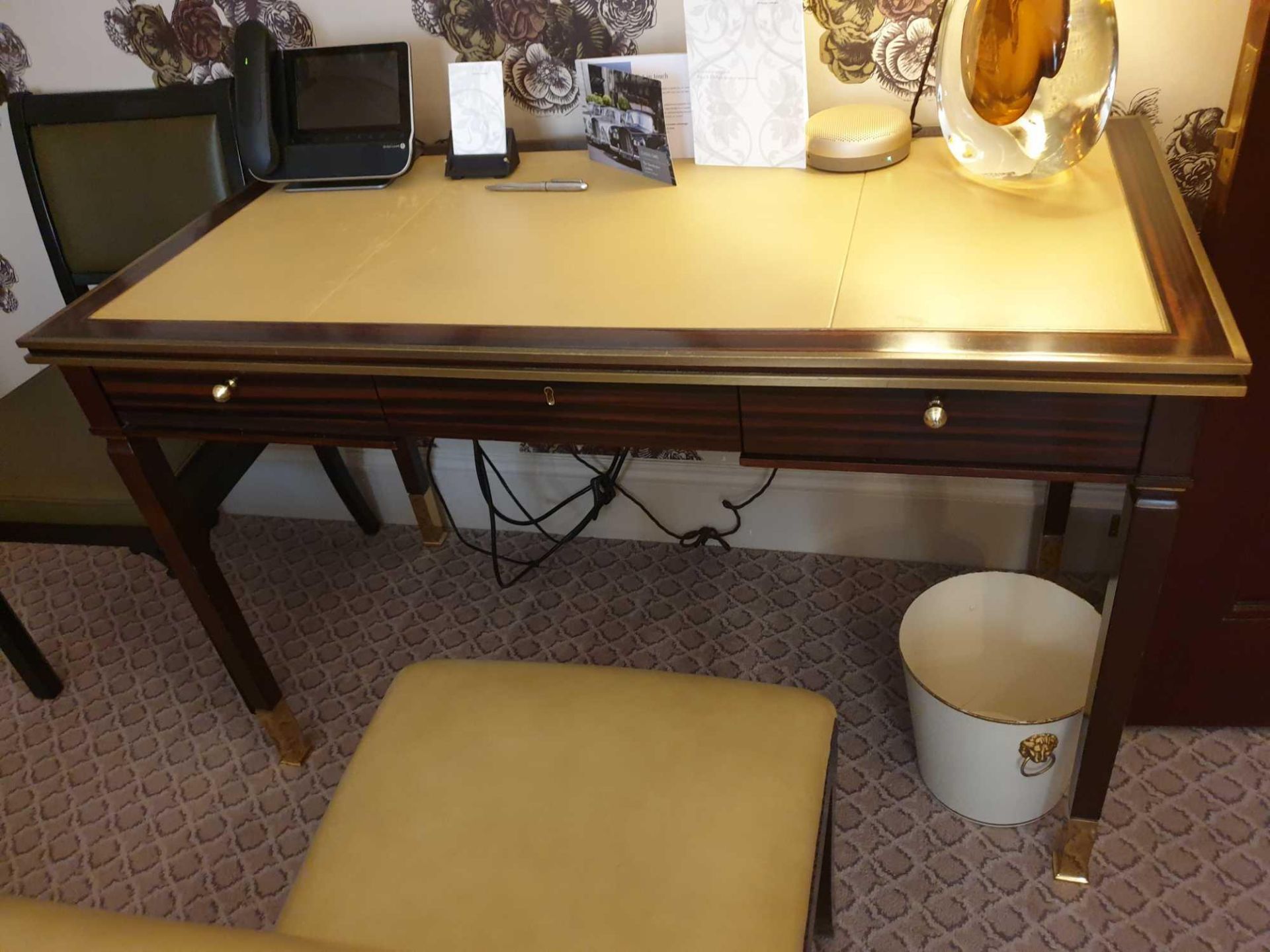 Writing Desk With Tooled Leather Inlay Faux Central Drawer Flanked By Single Drawer And Flap