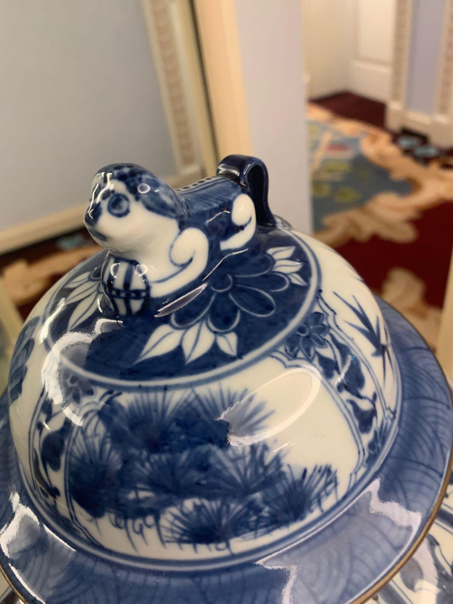 Tall Chinoiserie Temple Jar Blue And White Commissioned By Maitland Smith Hand Painted In Thailand - Image 3 of 3