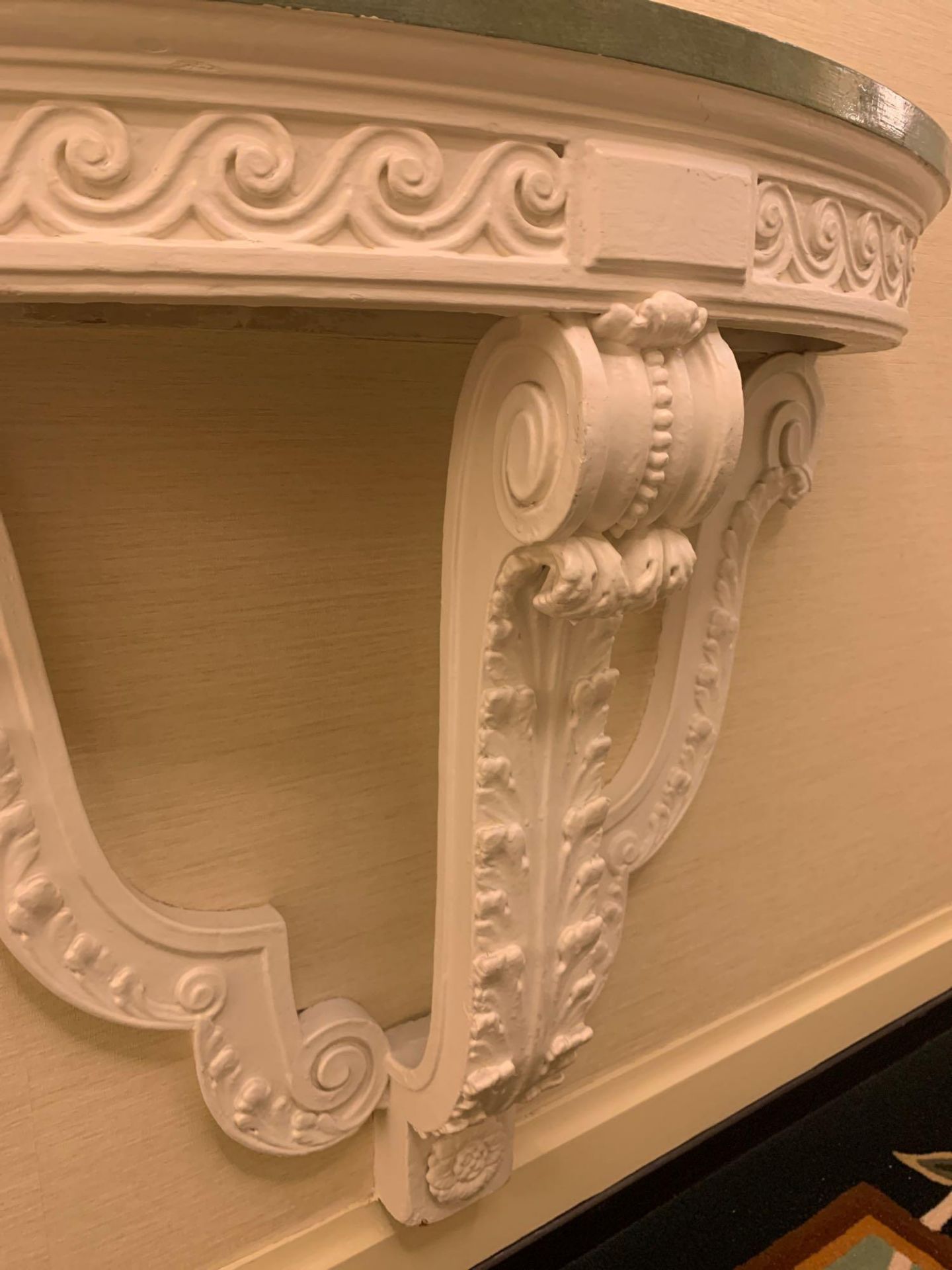 A Wall Mounted Console Table With A White Painted Carved Wood Base A Shaped Carved Apron Below A - Image 2 of 3