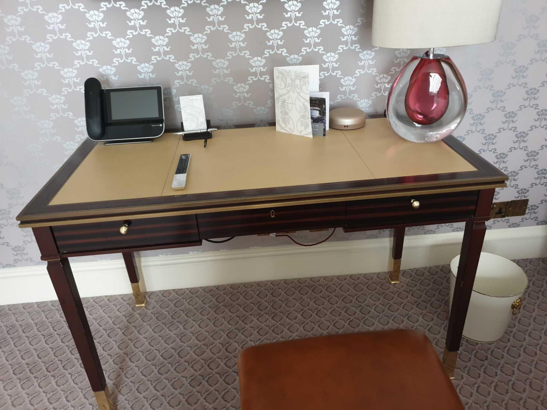 Writing Desk With Tooled Leather Inlay Faux Central Drawer Flanked By Single Drawer And Flap