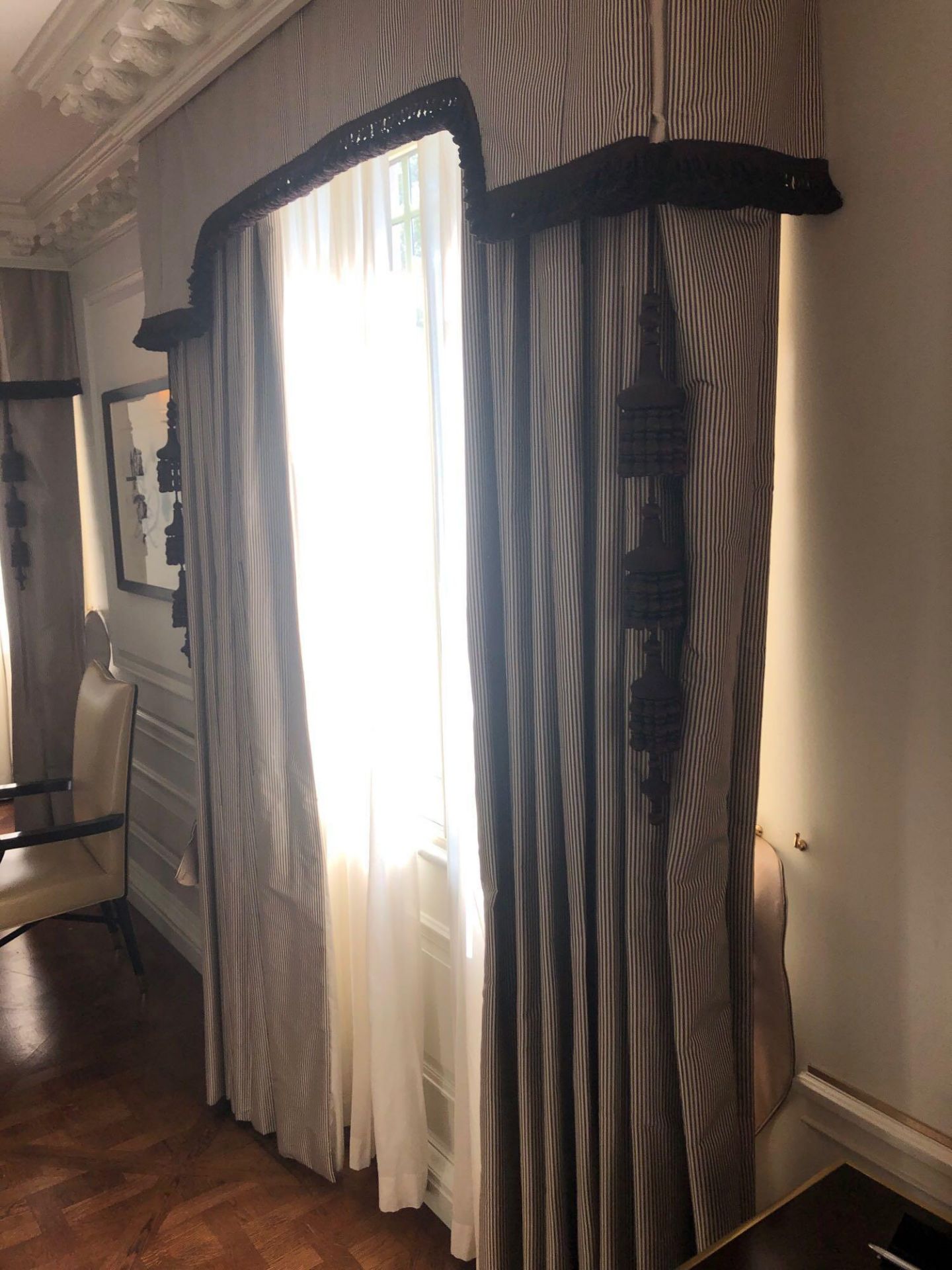A Pair Of Luxury Drapes Grey And White Striped With Tassel Trim And Pelmet 250 x 153cm (Room 206/7)