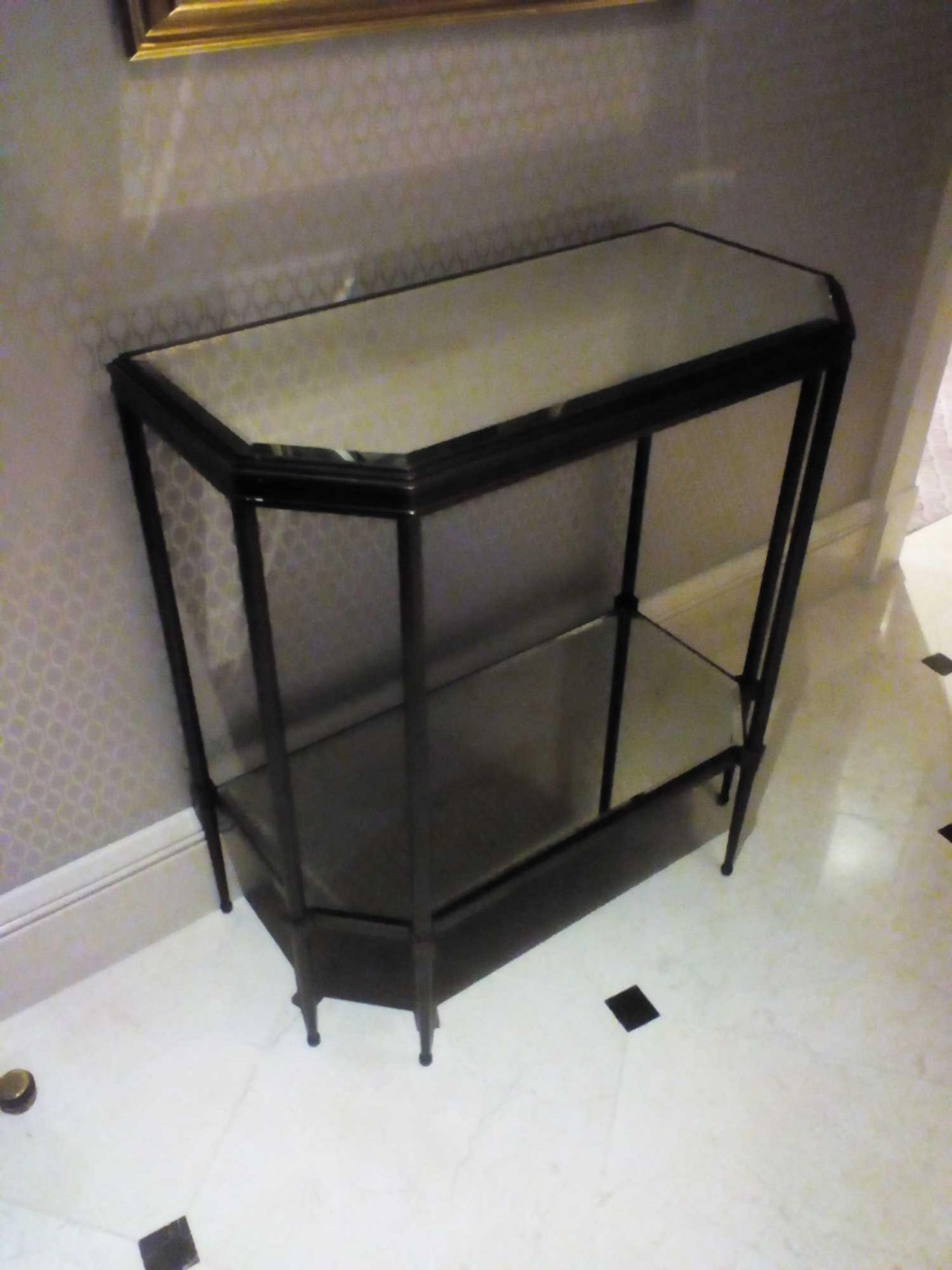 A Forged Metal Two Tier Console Table With Glass Shelves 88 x 24 x 74cm (Room 109) - Image 2 of 2