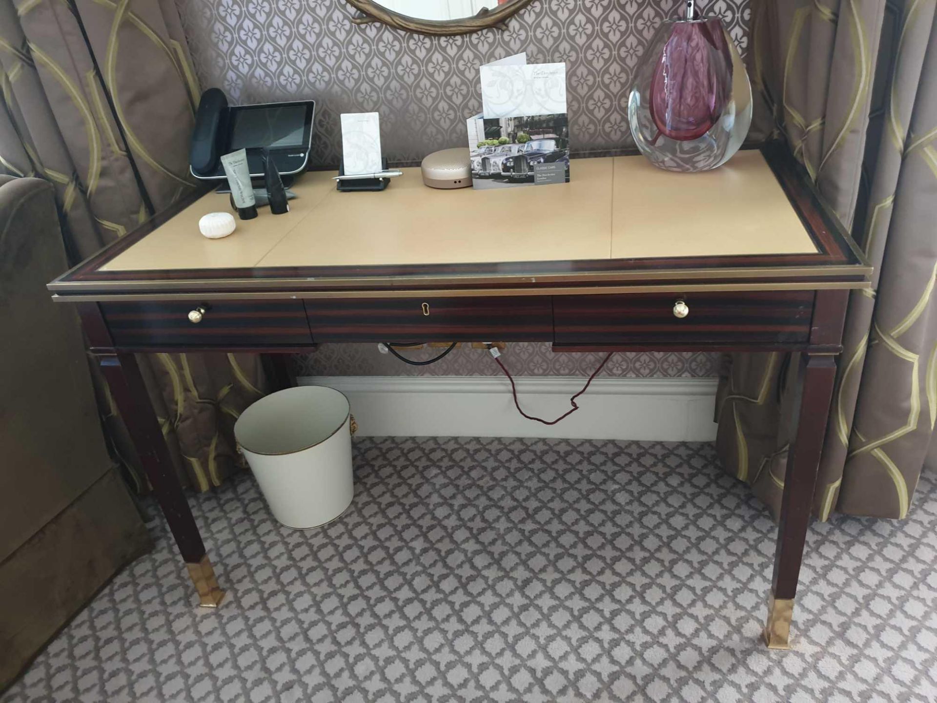 Writing Desk With Tooled Leather Inlay Faux Central Drawer Flanked By Single Drawer And Flap