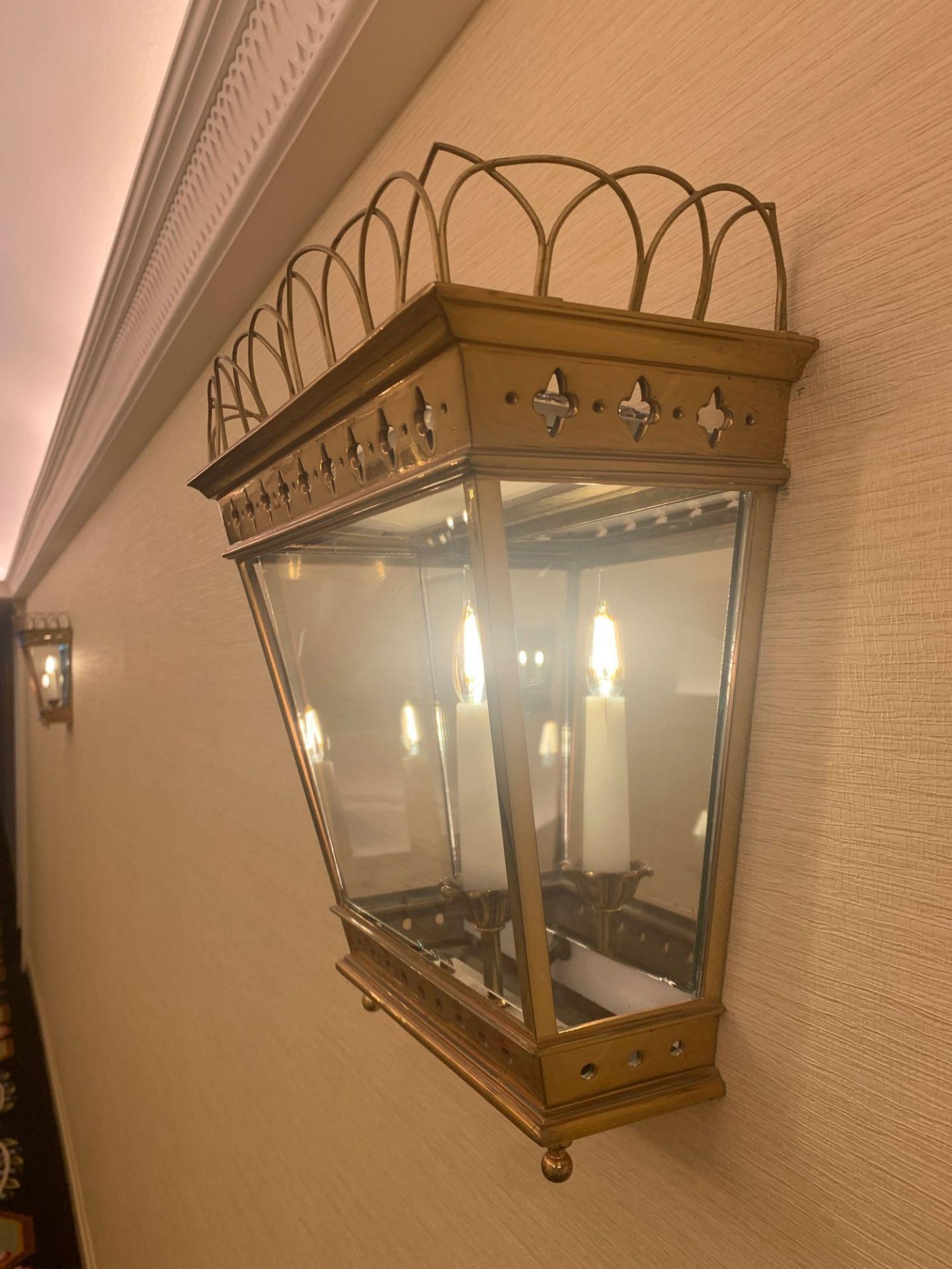 Half Hexagonal Wall Lantern A Single Half Hexagonal Highly Polished Brass Wall Lantern Clear Glazing - Image 3 of 3