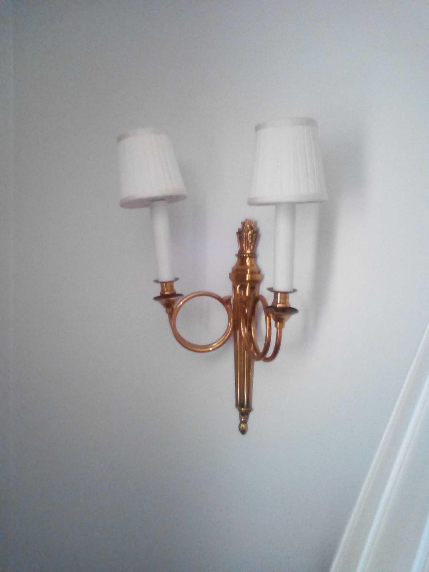 A Pair Of Dore Bronze Dore Twin Arm Wall Sconces, The Scrolling Arms With Trumpet Bobeche Drip - Image 2 of 2