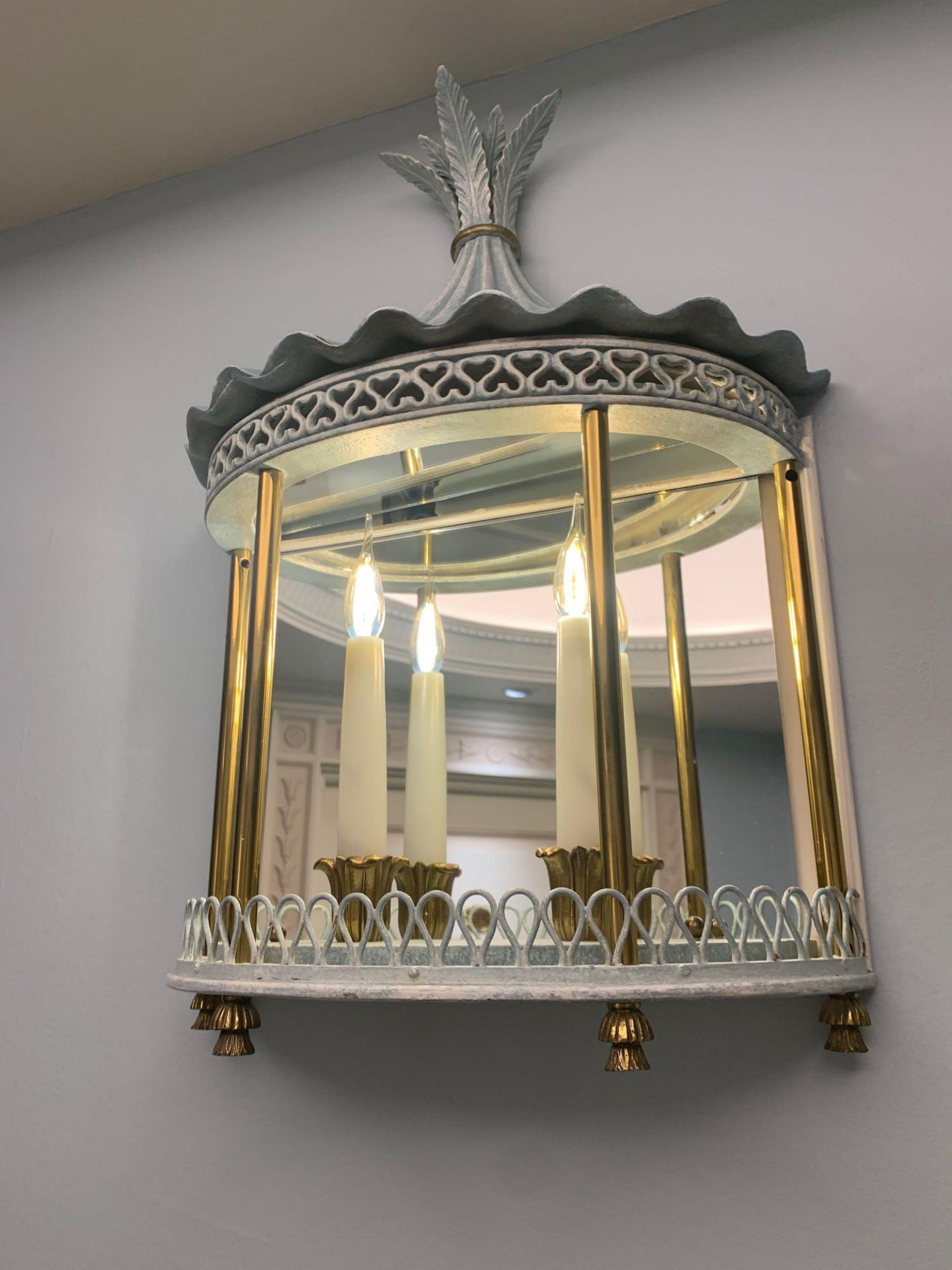 Half Hexagonal Wall Lantern A Single Half Hexagonal Powder Blue Wall Lantern With A Ormolu Bronze - Image 2 of 3