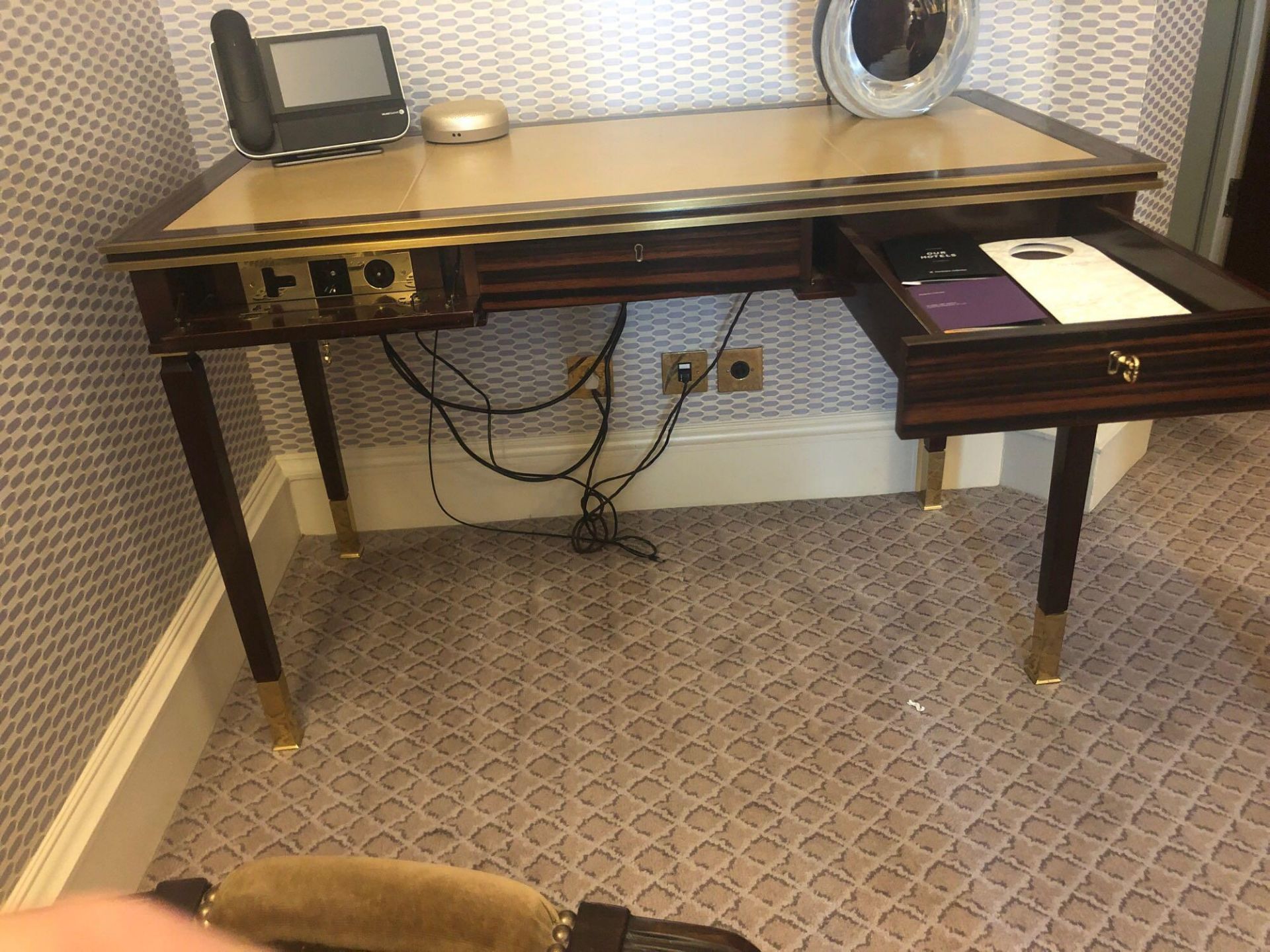 Writing Desk With Tooled Leather Inlay Faux Central Drawer Flanked By Single Drawer And Flap