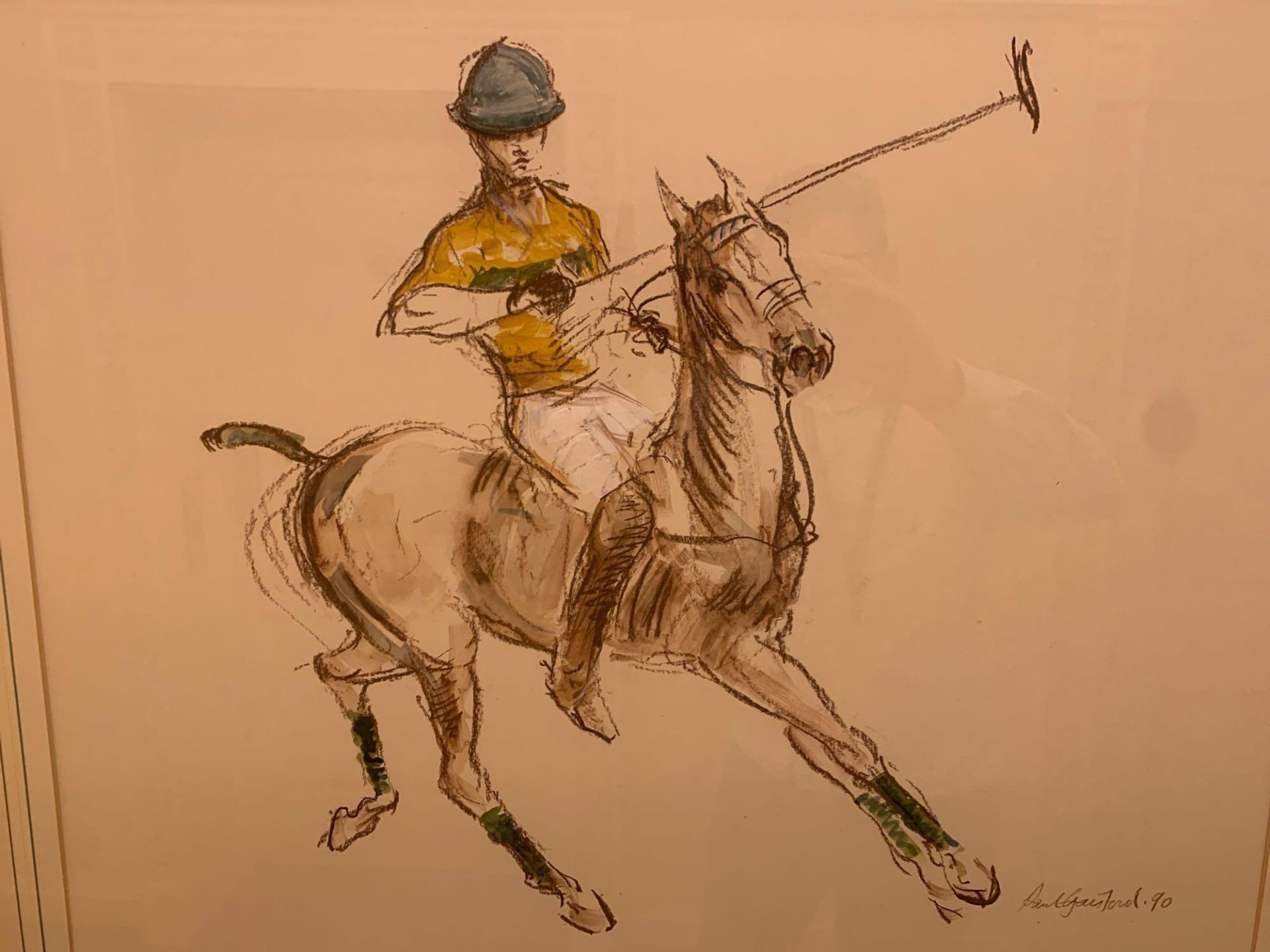 Paul Gainsford (British, B.1931) Equine Painting Of A Polo Player Wearing A Yellow And Green - Image 2 of 3