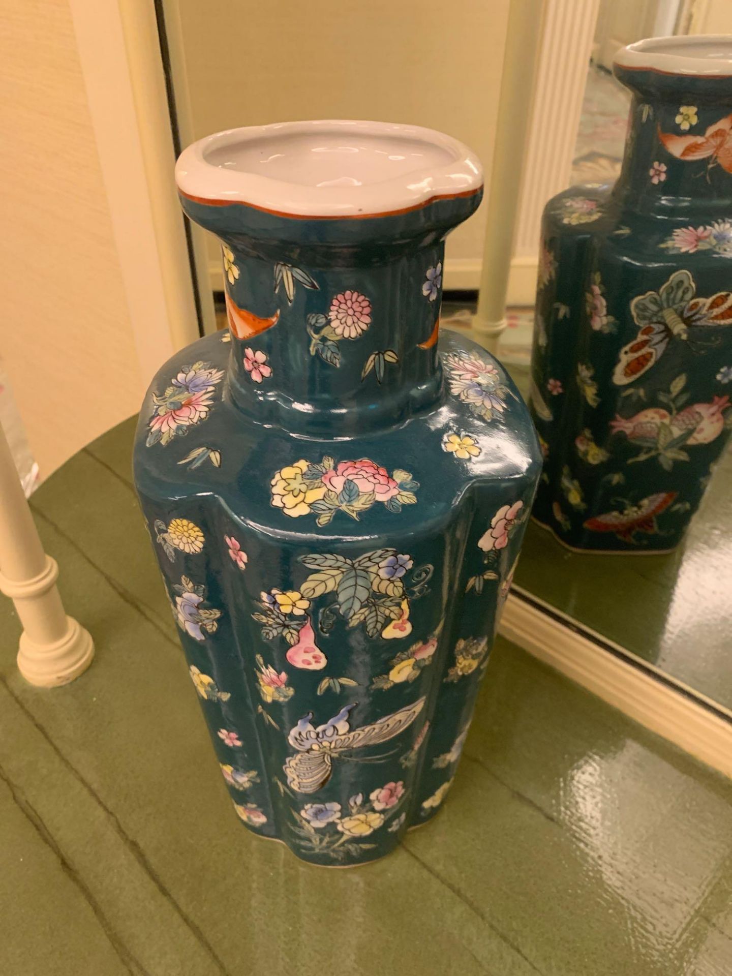 Tall Chinoiserie Porcelain Hand Painted Vase With Butterflies And Flora Commissioned By Maitland - Image 2 of 3